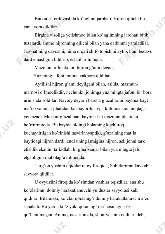 ygan qildilar. qismat, taqdir bitigidan kuy kuylanganda shoir mayxo’rga aylanmoqda, sababi nasihat darslarini o’qiyotgan, amru-ma’ruf qilayotgan voizning ovozi ma’ruza tinglovchilar uchun yoqimli musiqadek bo’lmoqda. may tutki jon davridin o’q tortilar iloj, jam’iki, charx davrini nazzora qildilar. endi may tutinglar, jismimga qaytadan jon o’qi tortilsin, butun charx – aylanish, taqdir davriga nazar tashlayin. mana shu baytda g’azal biz yuqorida keltirgan avj nuqtasiga yetadi. ya’niki, endi shoir may ichib, butun taqdir yo’llariga, nafaqat o’zining butun insoniyat charxiga, ya’ni olam va odam, zamon va makon, borlik va yo’qlik, baqo va fano masalalariga nazar tashlamoqlikka ehtiyojini bayon qiladi. albatta, bu yerda may tasavvufiy ma’noda keltirilgan. yorab, ne diy alarniki, miskin navoiyni, behushu aqlu bedilu, bechora qildilar. orab, endi nima ham deyinki, chorasiz navoiyni aqlidan ayirib behush, dilsiz, qalbsiz bechoraga aylantirib qo’ydilar. maqta’ baytida, albatta, shoirning taxallusi orqali imzosi qo’yiladi va chiroyli xulosa qilinadi. bu g’azalda ham xuddi shunday, yo tangrim, endi o’zing ayt, meni …