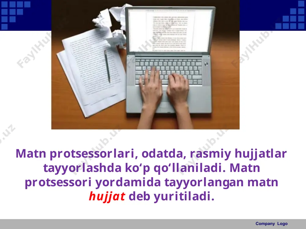 arrirlariga nisbatan matn protsessorlarining afzalligi nimada? 2. matn protsessorida hosil qilingan matn qanday ataladi? 3. word matn protsessorini ishga tushirish usullarini amalda ko‘rsatib bering. 4. word matn protsessorining interfeysi haqida qisqa ma’lumot bering. 5. word matn protsessorining sarlavha satrida nimalar aks etadi? 6. word matn protsessorining fayl menyusi amallarini izohlang. 7. word matn protsessorida tasmalar qanday vazifani bajaradi? 8. word interfeysi rasmidan shrift, satr, abzas kabi tushunchalarga misollar ko‘rsating. company logo image1.jpeg image2.jpeg image3.jpeg image4.jpeg image5.emf image6.png image7.jpeg image8.emf image9.emf image10.png image11.jpeg