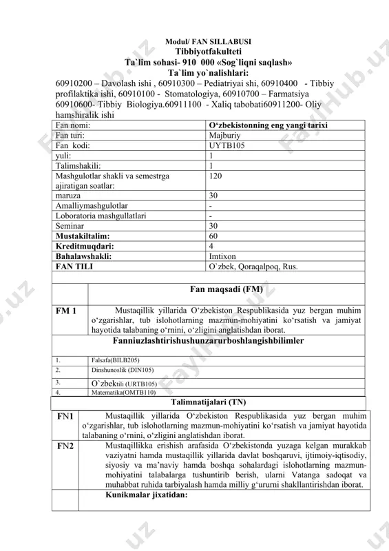 avlat boshqaruvi, ijtimoiy-iqtisodiy, siyosiy va ma’naviy hamda boshqa sohalardagi islohotlarning mazmun-mohiyatini talabalarga tushuntirib berish, ularni vatanga sadoqat va muhabbat ruhida tarbiyalash hamda milliy g‘ururni shakllantirishdan iborat. kunikmalar jixatidan: fn3 mustaqillikka erishish arafasida o‘zbekistonda yuzaga kelgan murakkab vaziyatni, ularning sabablari va oqibatlarini; fn4 mustaqillik yillaridagi o‘zgarishlarni, o‘zbekistonning eng yangi tarixi masalalarini, zamonaviy jarayonlarda o‘zbekistonning jahon hamjamiyatidagi o‘rnini tarixiylik va xolislik nuqtai nazaridan bilishi kerak; fn5 o‘zbekistonning eng yangi tarixi muammolarini o‘rganish, dunyoqarashni mustahkamlashda milliy mustaqillik g‘oyasini qo‘llay bilish, atrofida sodir bo‘layotgan jarayonlarga o‘z munosabatini bildira olish, jamiyat va inson dunyoqarashi rivojida tarix fanining o‘rnini anglash va bugungi kunda sodir bo‘layotgan voqealarning tarixdagi muhim voqealar bilan bog‘liqligini bilish ko‘nikmalariga ega bo‘lishi kerak. fn6 o‘zbekistonning eng yangi tarixini chuqur bilish, ma’naviy-milliy va umuminsoniy masalalar bo‘yicha o‘z qarashlarini ilmiy asoslashni va ifodalashni bilish,ilmiy mustaqillik g‘oyalariga amal qiladigan faol hayotiy dunyoqarash kabi malakalarga ega bo‘lishi kerak. fan mazmuni (m) mashgulotlarshakli: maruza m1 kirish.“o‘zbekistonning eng yangi …