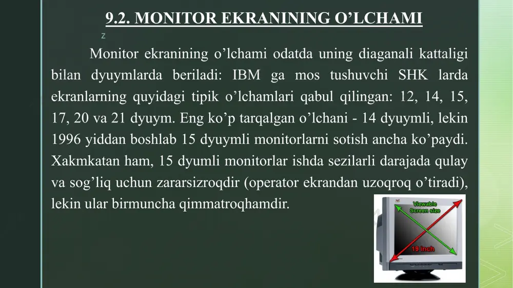 qarilmaydi, lekin ular o’lchash va testlash bo’yicha shveciya milliy kengashi tomonidan ishlab chiqilgan mpr standarti specifikaciyalarini kanoatlantirishi lozim. birinchi mpr i specifikaciyasi asosan elektromagnit maydon uchun: 1-400 kgc oraliqdagi chastota uchun me’yorlarni o’rnatdi, ikkinchi mpr ii elektrostatik maydon uchun ham kengaytirildi, lekin unda elektromagnit maydon uchun ham jiddiy qattiq me’yorlar o’rnatilgan; hozir mpr ii hamma yuqori sifatli xonadon monitorlari uchun de facto (amaldagi) standarti bo’lib qoldi. z professional monitorlar uchun yanada talabchanroq xalqaro ikkita tso 92 va tso 95 standartlari mavjud, ular turli xil nurlanishlar va maydonlarning ruxsat etilgan kattaliklarini ham, monitorning elektr ta’minotini boshqarish rejimlarini -ham belgilaydi. energiyani tejash tizimiga g tipidagi (green) monitorlar egadir. ular dpms (display power managment signaling) specifikaciyalarini kanoatlantirishi lozim, u monitorni aktiv ishlashdan chiqarish usulini bosqichlar bo’yicha ta’riflaydi: • on (ish rejimi - 100-200 vt); • standy (kutish rejimi - energiyani istemol qilish 30 vt dan ortiq emas); • suspend (ishni to’xtatish - 8 …