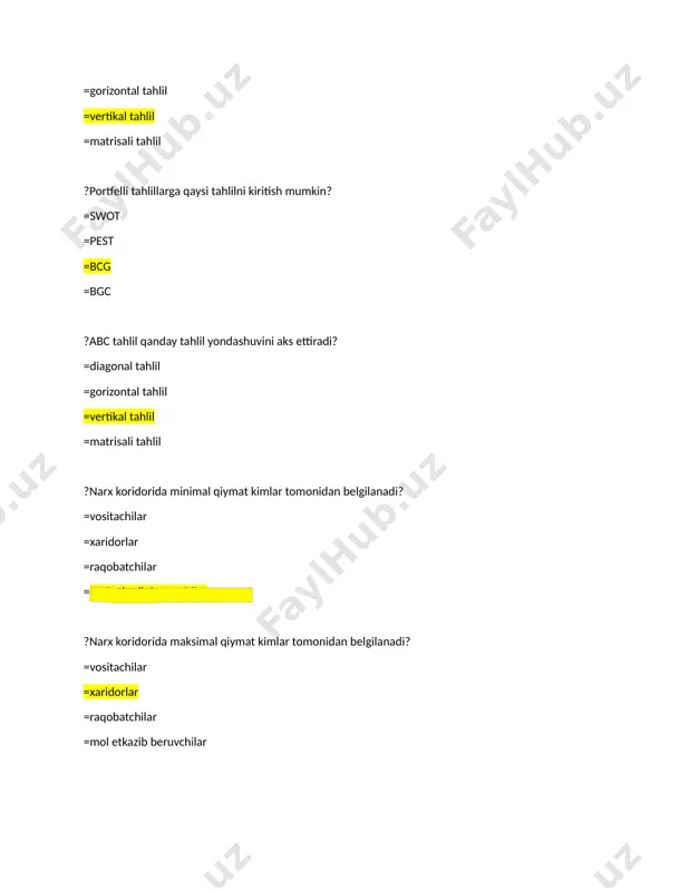 diy omillar =ijtimoiy omillar =texnologik omillar ?marketing bu ...... =bozor faoliyati =iste'molchiga, umuman jamiyatga yo'naltirish =tadqiqotlar natijasidagi bozor taklifi =ishlab chiqarish xarajatlarini kamaytirish ?marketing fani asoschisi kim? =f.kotler =r.butler =b.vladislav =k.marks ?birinchi marketing kurslari qaysi yilda o'qitila boshlangan? =1902 =1920 =1898 =1880 ?marketingning vatani hisoblanadi ..... =aqsh =yaponiya =avstraliya =braziliya ?f.kotler marketing kontseptsiyasini nechtaga ajratdi? =5 =3 =4 =2 ?marketing funksiyasi necha guruhga bo'linadi? =4 =3 =2 =6 ?quyidagilardan savdo funksiyasiga tegishli harakatlarni toping? =maqsadli mahsulot siyosatini olib borish =yangi tovarlar ishlab chiqarishni tashkil etish =yangi texnologiyalarni qo'llash =iste'molchilarni o'rganish ?xalqaro savdo palatasi qaysi yilda tashkil etilgan? =1920 =1921 =1924 =1926 ?quyidagilardan analitik funksiyaga tegishli harakatlarni toping? =korxonaning ichki va tashqi muhitini tahlil qilish =yangi mahsulotlarni yaratish =yaratish tovarlarni taqsimlash tizimi =yangi texnologiyalarni qo'llash ?marketing tadqiqotlari necha turga bo'linadi? =2 =3 =4 =5 ?marketingni izohlashda asosiy e’tibor nimaga qaratiladi? =iste'molchilarning ehtiyojlarini qondirish =tovarlarni sotish =mahsulot narxini belgilash =tovar xarajatlarini kamaytirish …
