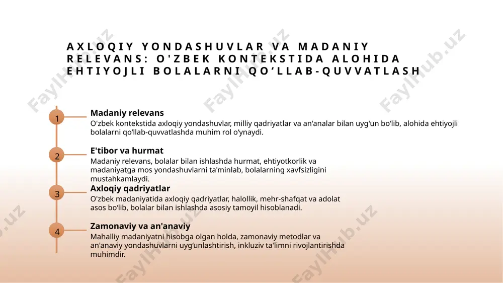 iston ta'lim tizimida inklyuziv ta'lim va uning axloqiy asoslari. o‘zbekiston respublikasi ta'lim vazirligi, 2020. 2. akromov, s. inkluziv ta'lim va uning ijtimoiy ishda qo‘llanilishi. o‘zbekiston davlat pedagogika instituti jurnali, 2021. 3. sultonov, m. axloqiy yondashuvlar va ijtimoiy ishda ehtiyojli bolalarni qo‘llab-quvvatlash. o‘zbekiston respublikasi xalq ta'limi nizomi, 2019. 4. qodirov, e. himoya va xavfsizlikni ta'minlashda inkluziv ta'limning roli. o‘zbekiston akademik nashriyoti, 2022. 5. yusufov, a. ijtimoiy ishda ehtiyojli bolalarni qo‘llab-quvvatlashda axloqiy me'yorlar. o‘zbekiston pedagogika va psixologiya jurnal, 2023. e'tiboringiz uchun rahmat! /docprops/thumbnail.jpeg