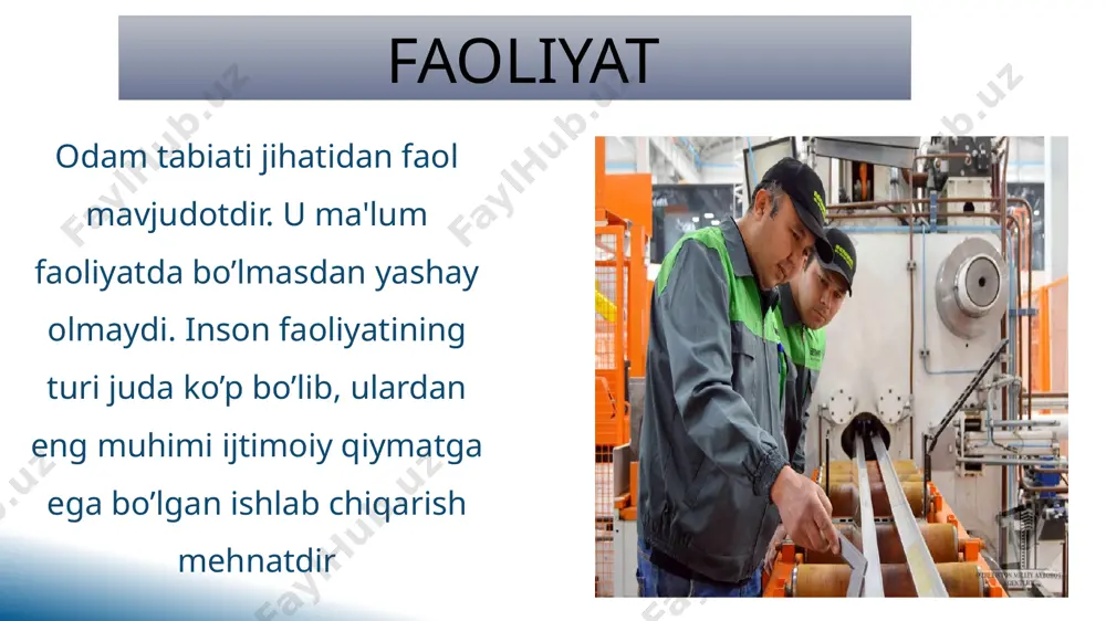 bo’lgan ko’nikmani, fizikada qo’llash mumkin. ko’nikma faoliyatning yana bir qismi odat bo’lib, ko’nikma malakalardan hech qanday samara yoki natijaga ega emasligi bilan ajralib turadi. odatda odam tomonidan beixtiyor, ongsiz tarzda muayyan maqsadga yo’naltirilmagan holda amalga oshiriladi. ba'zi hollarda odatlar shaxs tomonidan nazorat qilinishi mumkin, lekin har doim ham aqlli va kerakli harakatlar bo’lmasligi mumkin. odatlar o’yin - faoliyat turlaridan biri. bu bolalarning kattalar faoliyatini, ularning ish-harakatlarini, odamlar o’rtasidagi o’zaro munosabatlarii aks ettirishda ifodalanadigan va tevarak-atrofdagi borliqni bilishga qaratilgan faoliyatidir. faoliyatning asosiy turlari o’qish (ta’lim)- shaxsning bilim va faoliyat usullarini egallashga hamda uni mustahkam esda saqlab qolish jarayoni. faoliyatning asosiy turlari mehnat - odamning ma'lum maqsadga, o’z ehtiyojlarini qondirish uchun borliqni bilish va uni qayta qurishga, moddiy va ma'naviy boyliklarni yaratishga yo’naltirilgan faoliyati. faoliyatning asosiy turlari motivatsiya - odamni faol faoliyatga undovchi sabablar majmuidir. motivatsiya abraham maslou ehtiyojlar pedamidasi e.g’.g’oziev tadqiqotlarida o’smir o’quvchilarning o’quv faoliyatini boshqarish xususiyatlari o’quv faoliyatini rejalashtirish, o’z-o’zini …