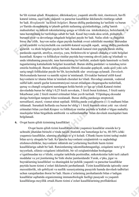 vonlarga 6-10, kichik hayvonlarga 0,5-1 l miqdorida teri ostiga yuboriladi. allergiyaga qarshi vositalar sifatida og‘iz orqali 10-15 g miqdorida natriy salitsilat ishlatiladi yoki vena qon tomiri orqali katta hayvonlarga 150-400, mayda hayvonlarga 20-30 ml miqdorida 10%-li kalsiy xlorid eritmasidan yuboriladi. kasallikning ikkinchi davrida vena qon tomiri orqali 30-40%-li glyukoza, taxikardiya kuzatilganda teri ostiga 20%-li kamfora eritmasi (katta hayvonlarga 20-30, mayda hayvonlarga 3-6 ml), vena qon tomiri orqali kordiamin (10-15 ml) va 2-3 ml 0,1%-li adrenalin eritmasi (2-3 ml) qo‘llaniladi. dimedrol, gormonal preparatlardan kortikotropin, kortizon va uning preparatlari, qimmatli va sportchi otlarni davolashda kokarboksilaza, kurantil yoki intenkordin (karbokromen) va obzidan (anaprilin) preparatlari tavsiya etiladi. antibiotiklar, sulfanilamid preparatlari va parhez oziqlantirish muolajalari tavsiya etiladi. oldini olish.allergiyaga va intoksikatsiyaga qarshi dorilarni qo‘llash orqali birlamchi kasalliklar o‘z vaqtida davolanadi 5. nafas tizimining kasalliklari. nafas a’zolariga burun, burun yo‘llari, yuqori jag‘ va peshona bo‘shliqlari, otlarda havo xaltachasi, hiqildoq, kekirdak, bronxlar, o‘pka va plevra kiradi. bu …