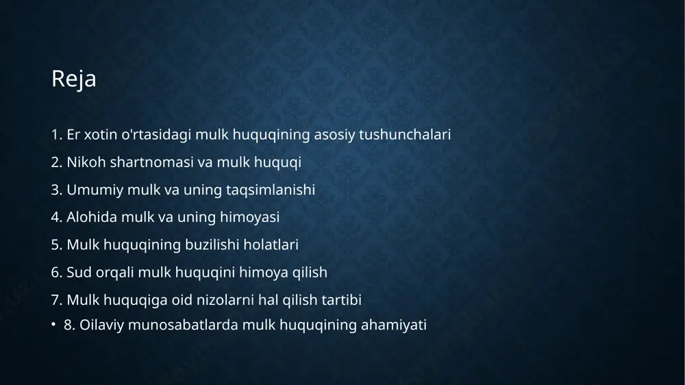 ib olingan mulk ham alohida mulkka kiritilishi mumkin. alohida mulk nikoh tugaganidan keyin ham egasida qoladi. alohida mulkka bo'lgan huquq himoya qilinadi. qonun alohida mulkni himoya qilish mexanizmlarini belgilaydi. agar alohida mulkka nisbatan huquqbuzarlik sodir bo'lsa, ega sud orqali o'z huquqini himoya qilishi mumkin. alohida mulk va uning himoyasi er xotin o'rtasida mulk huquqining buzilishi turli sabablarga bog'liq bo'lishi mumkin. masalan, nikoh shartnomasining buzilishi yoki bajarilmasligi huquq buzilishiga olib kelishi mumkin. umumiy mulkning noqonuniy taqsimlanishi ham huquq buzilishi hisoblanadi. alohida mulkning noqonuniy egallashi yoki zararlanishi ham huquq buzilishiga kiradi. bir tomonning boshqa tomonga nisbatan zo'ravonlik qilishi ham huquq buzilishiga olib kelishi mumkin. bunday hollarda jabrlanuvchi tomon sud orqali o'z huquqini himoya qilishi mumkin. qonun huquqbuzarlik uchun javobgarlikni belgilaydi. adolatli hukm chiqarish sudning vazifasidir. mulk huquqining buzilishi holatlari er xotin o'rtasida mulk huquqi buzilgan taqdirda, jabrlanuvchi tomon turli usullar orqali o'z huquqini himoya qilishi mumkin. u sudga da'vo bilan murojaat qilishi …