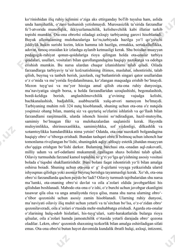 chi ham bolaning o‘qishi, odobi, hulqi, maktabda o‘zini tuta bilishi haqidagi matumotlami ota-onaga yetkazish, zarurat tug‘ilganda hosil bo'lgan muammolami birgalikda hal qilish zarur. shundagina o‘quvchi oldiga bir talab qo‘yilishiga erishiladi. bolasi maktabga borgan ota-ona maktab ya’ni shu jamoaning a’zosiga aylanadi. shu sababli ota-onalar maktabning ijtimoiy hayotida faol qatnashishlari shart. 0 ‘qituvchi ham o‘z o‘quvchisining oilasi bilan mustahkam hamkorlikni yoiga qo‘ymog‘i lozim. ota-onalaming mahalla faollari, mehnat faxriylari bilan tarbiya sohasida hamkorlik qilishlari zarur. bu ishlar oila tarbiyasiga salmoqli hissa qo‘shadi. xulosa qilib aytish mumkinki, hozirgi iqtisodiy, ijtimoiy o‘zgarishlar sharoitida oilaviy tarbiya masalalariga e’tibor yanada kuchayib, dolzarb mavzuga aylanmoqda. oila deb atalmish aravani tortib borayotgan er va xotinning bir-biriga yelkadosh bolishini, o‘zaro odoblarini, bir-biriga bo‘lgan mehribonliklarini ko‘rgan farzandlar ulardan o‘mak oladilar va ularga o‘xshashga harakat qiladilar. chunki farzand aytgan nasihatingizni esidan chiqarishi mumkin, ammo ko‘rganini hech qachon esidan chiqarmaydi. oilada farzand tarbiyasining bu jihatini hech qachon esdan chiqarmaslik zarur. oilada bola tarbiyasida …
