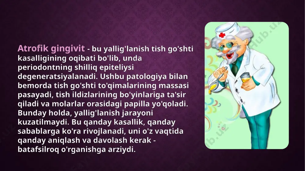nganligini, shilliq qavatning qanchalik atrofiyasini baholaydi. keyinchalik, jag'ning tuzilishi tekshiriladi, tishlash to'g'ri yoki yo'qmi, skelet tizimining g'ayritabiiy tuzilishi atrofik gingivit rivojlanishiga ta'sir qilmaydi. keyin shifokor tish go'shti va tishlar yuzasida to'plangan blyashka miqdorini, uning mustahkamligi va joylashishini qayd etadi. bunday holda, bemorning og'iz bo'shlig'ida ortodontik konstruktsiyalar mavjudligi muhim rol o'ynaydi. keyingi tekshiruv maxsus stomatologik asboblar yordamida amalga oshiriladi.zond tishlarning mo'rtligi va harakatchanligini, tish go'shti to'qimalarining tish tojlari bilan tutashuvini, periodontal cho'ntaklarda yallig'lanish bor-yo'qligini va milklarning qon ketishini baholaydi. keyinchalik, rentgen tekshiruvi o'tkaziladi, uning davomida suyak to'qimalarining holati aniqlanadi. atrofik gingivitni simptomlar, patologiyalar bilan o'xshash boshqalardan ajratish uchun shifokor mikrofloraning sifatini aniqlash uchun tish go'shti shilliq epiteliyasining bir qismini oladi.bemorni tekshirish bosqichi to'g'ri tashxis qo'yish va atrofik gingivit rivojlanishiga olib kelgan qo'zg'atuvchi omillarni aniqlash uchun juda muhimdir. muvaffaqiyatli terapiya ba'zan nafaqat kasallikning asosiy sabablarini o'z vaqtida bartaraf etishga, balki uning kursini og'irlashtiradigan birga keladigan patologiyalarga ham bog'liq. davolash tish go'shti atrofiyasining …