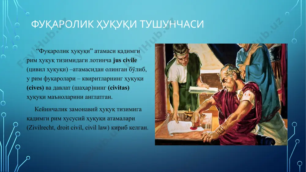 ташкил этиш билан боғлиқ муносабатлар биргаликдаги фаолият тўғрисидаги шартномани тузиш (оддий ширкат) таъсис шартномасини тузиш ва уни давлат рўйхатидан ўтказиш, шунингдек, бошқа ташкилий-ҳуқуқий тузилмалар ташкил этиш ва уларни юридик расмийлаштириш узоқ муддатли хўжалик алоқаларини ўрнатиш учун тузиладиган шартномалар; мажбурий тартибда тузиладиган шартномалар асосида вужудга келадиган муносабатлар фуқаролик ҳуқуқи субъекти сифатида жисмоний шахс ва юридик шахс тушунчаси, уларнинг фуқаролик ҳуқуқ лаёқати тушунчаси. жисмоний шахс юридик шахс фуқаролик ҳуқуқида жисмоний шахс ўзига ҳос ҳуқуқий мақомга эга. унинг субъектлилиги ҳали инсон сифатида мавжуд бўлмаган ҳолларда ҳам (туғилмасдан олдин меросга эга бўлиш жараёнида) юзага келиши мумкин. бундай “хусусият” юридик шахс ва давлатда мавжуд эмас. айнан мазкур субъектнинг жисмий мавжудлиги, муносабатларда бевосита ўзи иштирок этиши билан ҳам бошқа фуқаролик ҳуқуқи субъектларидан фарқланиб туради, зеро юридик шахс ва давлат жисмий мавжуд бўлмаган, мавхум субъектлар ҳисобланади ҳамда муносабатларда жисмоний шахс “ёрдамига таяниб” иштирок этади. жисмоний шахсларнинг фуқаролик-ҳуқуқий муносабатдаги ҳуқуқий ҳолати: ҳуқуқ лаёқати муомала лаёқати категориялари орқали “очиб” …