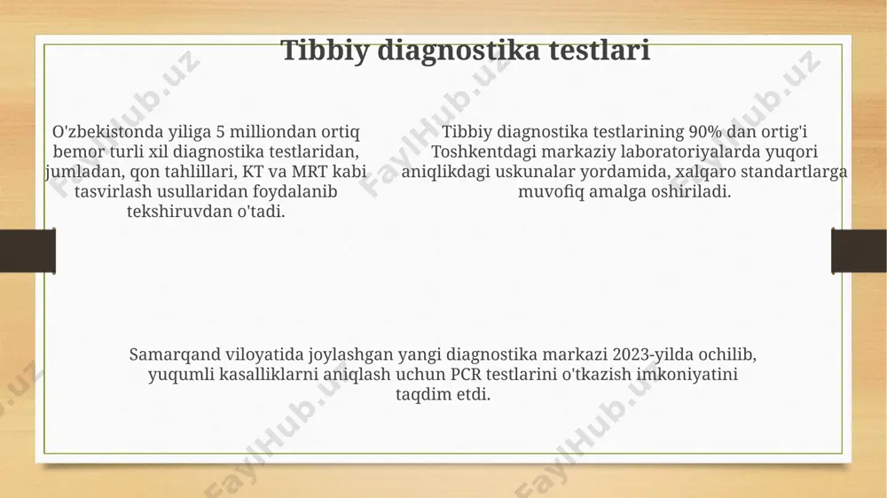 ashtiradi. xorazm viloyatida joylashgan laboratoriya 50 turdagi turli xil infektsiyalarni aniqlashga imkon beradigan pcr tekshiruvlarini taklif etadi, bu yuqumli kasalliklar diagnostikasida muhim ahamiyatga ega. samarqanddagi viloyat klinik shifoxonasida yiliga 15 000 dan ortiq bemorga biokimyoviy, immunologik va genetik testlar o'tkaziladi, bu erda yuqori texnologiyalar qo'llaniladi. e'tiboringiz uchun rahmat @taqdimot_robot image3.png image4.png