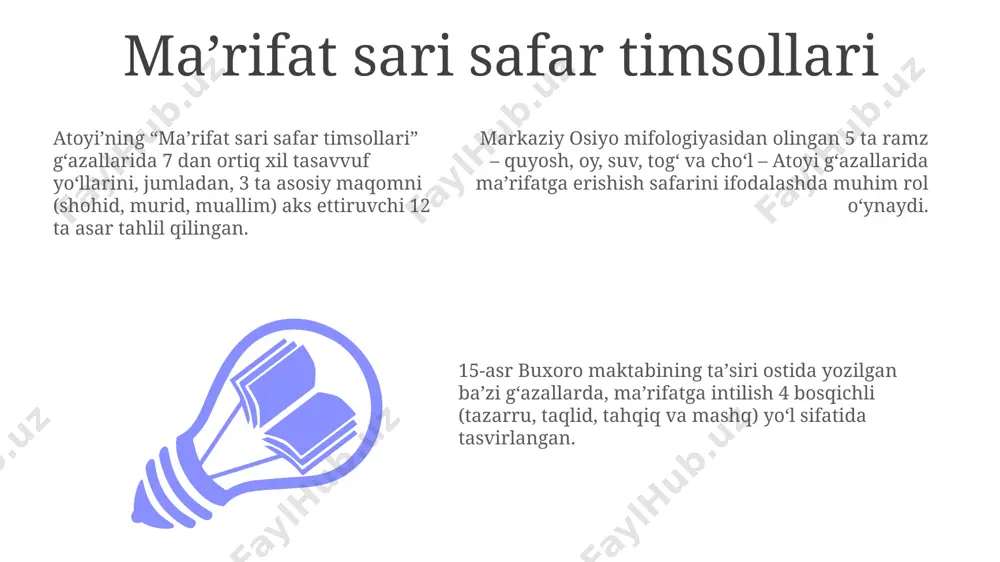 n qoʻllanilgan. gʻazallarning 5 tasida xudo bilan muloqotning vaqtsizligi, cheksizlik ramzi sifatida "haqiqat dengizi" metaforasi orqali, uning mistik sayohatlarini 15-asrning adabiy kontekstida koʻrsatadi. mavlod va uning ramziy maʼnolari atoyi mavludlarida uchraydigan 40 dan ortiq qush tasvirlari, osmonga koʻtarilish, ruhiy yuksalish va ilohiy muhabbat ramzi sifatida talqin qilinadi. mavlud matnlarida takrorlanuvchi “99” raqami, allohning 99 ta ismining ramzi boʻlib, bu xar bir sheʼrda haqiqat va mukammallikka intilishni ifodalaydi. mavlud sheʼrlarida 12 imomning ramziy tasvirlari 7-asrning bag‘dod va kufadagi madaniy muhitini aks ettirib, sufilik falsafasining taʼsirini koʻrsatadi. gʻazal sheʼriyati va tasavvuf markaziy osiyo sufizmining taʼsiri ostida yozilgan atoyi gʻazallarida, 30 dan ortiq sheʼrda, “ishq”, “visol”, “maqom” kabi tasavvuf terminlari orqali insonga maʼnaviy ulugʻvorlik haqida fikrlar bayon etilgan. atoyi ijodida, samarqand va buxoro kabi shaharlarning madaniy muhitidan ilhomlangan 20 ga yaqin gʻazalda, inson va borliqning oʻzaro munosabatini tasavvuf nazariyasi orqali ifodalaydi, uning sheʼrlari mulohaza va tafakkurga undaydi. atoyi gʻazallarida, 15-16-asrlar buxoro maktabi taʼsirida, …