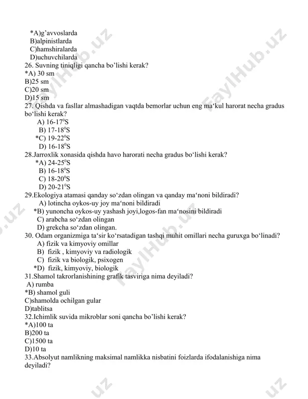 hki ovqat-10-15% d) nonushta-25-30%,tushlik-45-50%, kechki ovqat-50-55% 42. gbo(giperbarik oksigenatsiya) da bemorga kislorod qancha miqdorda beriladi? a)21% b)0.03-0.04% *c)40-60% d)78% 43.pestitsidlardan zaxarlanish ovqatdan zaxarlanishning qaysi turiga kiradi? a) mikrobga aloqador bo‘lgan *b) mikrobga aloqador bo‘lmagan c) sababi aniqlanmagan d) ovqatdan zaharlanishga kirmaydi 44 «ko‘z simptomlari» buyumlarning qo‘shaloq bo‘lib ko‘rinishi qaysi ovqatdan zaxarlanish kasalligiga xos belgi? a) alimentar toksik aleykiya b) achigan nondan zaxarlanish *c) botulizm d) ergotizm 45.tish kariyesini oldini olish maqsadida suvda qanday mineral modda meyorda bo’lishi kerak? a) temir b) yod *c) ftor d) kalsiy 46.flyuroz kasalligining kelib chiqish sababini ayting? *a)suvda ftorning ko’payib ketishi b)suvda yodning ko’payib ketishi c)suvda xlorning ko’pligi d)suvda ftorning kamayib ketishi 47.endemik bo’qoq kasalligining umumiy profilaktikasi qanday olib boriladi? *a)tuzga yod qo’shiladi b)ichimlik suviga selen qo’shiladi c) maktablarda o’quvchilarga yod preparatlari tarqatiladi d)non temir bilan boyitiladi 48. ifloslangan tuproqda mikroorganizmlarning qanday shakli uzoq saqlanadi a)vegetativ *b)spora c)kapsulaga o’ralgan bakteriyalar d)zamburug’lar 49.suvning organoleptik xossasiga qaysi …