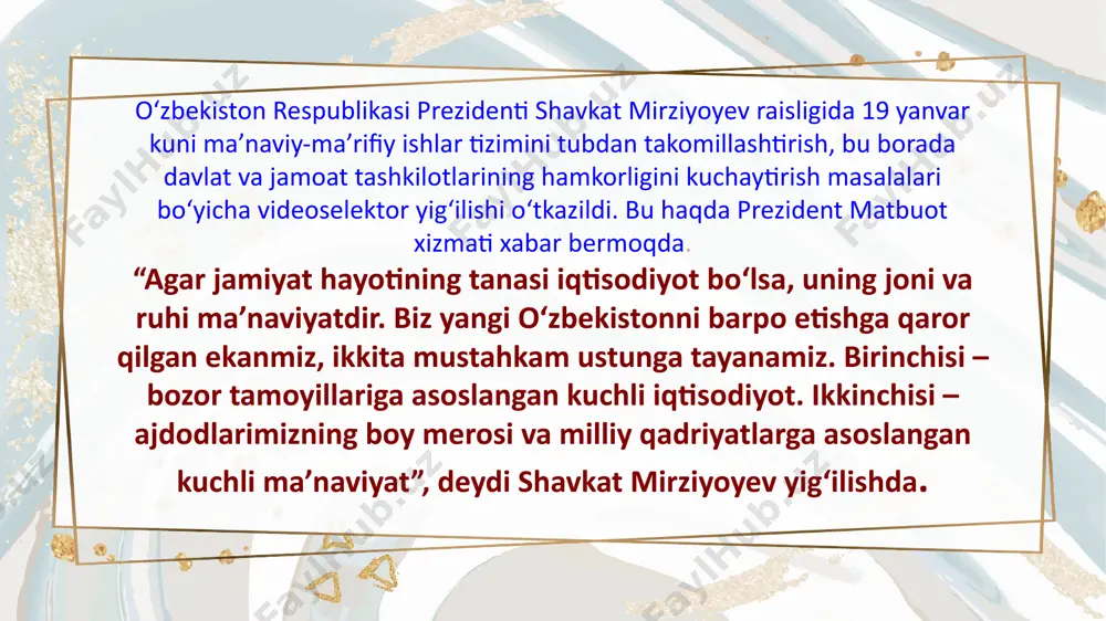 ayoni aks etgan sur'atlari mavjud. insonlarni tarbiyalashning milliy qadriyatlar asosida ekanligi mahalla,oilada ko'riladi.ayniqsa, keksa yoshdagi insonlar tarbiyasizlik qilayotgan biror bolani ko'rib qolsa, hech qachon beparvo o'tib keta olmaydi.o'sha paytning o'zidayoq tanbeh berib, to'g'ri yo'lga chaqiradi."qush uyasida ko'rganini qiladi" degablaridek,farzand qanday oilada tarbiya topsa, jamiyatda ham o'sha xulq-atvorini ko'rsatadi.chunki bola tabiatan kuzatuvchan va taqlidchan bo'ladi. oilada farzandlarni ma'naviy va milliy qadriyatlar ruhida tarbiyalash uni barkamol, axloqli, aqlli, sog'lom ma'naviyati bo'lib ulg'ayishida muhim o'rin tutadi.ammo, ayrim o'zbek oilalarida milliylik asosida tarbiyalashda oqsoqlanishlarni uchratamiz.oilada bolaga ertak, maqol, rivoyatlarning yetarlicha aytilmayotganligi, ularni tarbiyalashda qariyalarning ishtiroki kamligi yoki umuman yo'qligini ko'rsatish mumkin. inson shaklllanishida milliy qadriyatimiz ezgulik timsolidir. milliylik asosida tarbiyalangan shaxs ma'naviyati boy bo'lib shakllanadi.ular ota-bobolarga,o'z tarixiga, yurtiga, oilasiga, tili, dini va milliy qadriyatlar, an'analarga hurmatda bo'ladi,ularni asrash ruhi singgan bo'ladi. 05 04 03 02 01 add your text here click here to add content of the text，and briefly explain your point of view. …