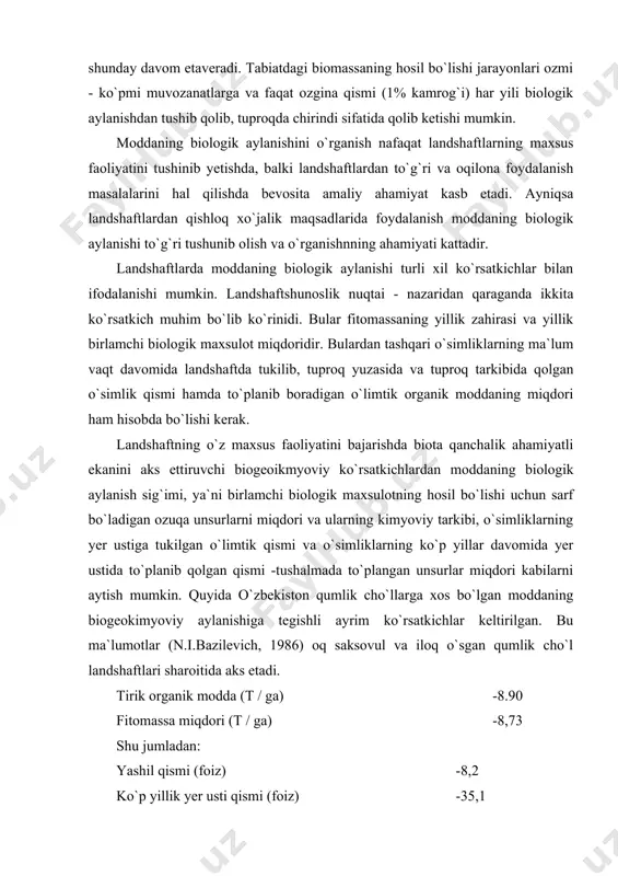 irilgan. bu ma`lumotlar (n.i.bazilevich, 1986) oq saksovul va iloq o`sgan qumlik cho`l landshaftlari sharoitida aks etadi. tirik organik modda (t / ga) -8.90 fitomassa miqdori (t / ga) -8,73 shu jumladan: yashil qismi (foiz) -8,2 ko`p yillik yer usti qismi (foiz) -35,1 yer ostidagi qismi (foiz) -56,7 hayvonot dunyosi (t/ ga) shu jumladan: fitofaglar (foiz) saprofaglar (foiz) zoofaglar (foiz) sof birlamchi maxsulot (yillik t/ ga) -2,78 sof birlamchi maxsulotning tirik fitomassaga nisbati -0,30 o`lik organik modda (t/ ga) -25,12 shu jumladan tuproqdagi chirindi (foiz) -99,5 moddaning biologik aylanish sig`imi (yillik kg/ ga) -126,0 maxsulotlardagi ning o`rtacha miqdori (foiz) -0,90 maxsulotlardagi kul elementlarining urgacha miqdori (foiz) -3,78 o`simliklarga ozuqa bo`ladigan kimyoviy elementlar -sa, k fitofaglar xazm tashqarigan maxsulot (foiz) organik moddaning abiotik oqimlari (kg/ ga): ushbu malumotlarni namlik yetarli miqdorda bo`lgan ayrim landshaftlarga xos ko`rsatkichlar ega bo`lishi mumkin. masalan, havo harorati yoki termik sharoiti bir xil bo`lgan, ammo namlik bilan issiqlik …