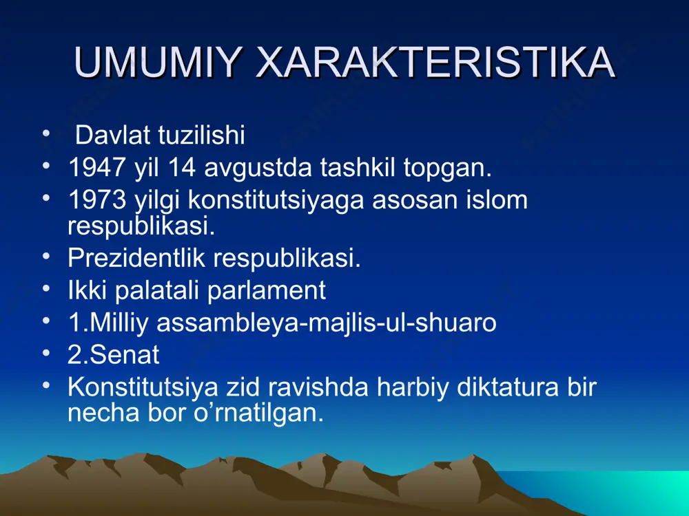 93 yildan boshlab navoz sharif pokisto musulmonlari ligasi lideri etib tayinlandi. bxutto o’z faoliyati davomida keng agrar islohatlarni amalga oshirdi.1977 yil iyulda armiya bxuttoni hindiston bilan yaqinlshishda ayblab, ishdan ozod etadi. davlatda harbiy rejim o’rnatildi. general ziyo ul-xaq bosh harbiy lavozimni egalladi.1978 yil esa prezident etib saylandi va islomlashtirish siyosatini davom ettirdi. 1978 yil sovet armiyasining afg’onistonga kiritilishi sababli, afg’onistondagi madjohidlar va boshqa terror guruhlar uchun qo’nim joyiga aylandi. shu vaqtdan boshlab pokiston aqsh bilan yaqinlashishni boshladi. sabab aqsh pokiston orqali afg’onistonga “foydali yordami”ni pokiton hududi orqali bera boshladi. ushbu yordamning sababini asl mohiyatini tahlil eting! 1984 yil ziyo ul-haq umumxalq referendumini o’tkazib, davlatda islomlashtirish strategiyasini mustahkam o’rnatdi. 1988 yilda ziyo aviahalokatda halok bo’ldi. bosh vazir lavozimini b.bxutto egalladi.bxutto oqsuyaklarga xos bo’lgan islohatlari bilan ish boshlash arafasida harbiylar uni siljitishdi. 1993 yilda harbiylar hukumatdan bo’shatildi. 1993 yil oktabrdban hukumatning bosh vazir lavozimi bxutto qo’liga yana tegdi.noyabrda esa hukumat to’liq almashtirildi. …