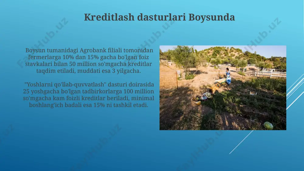 ildan keyin elektron bank tizimlarini joriy etish orqali mijozlarga tezkor va qulay xizmat ko'rsatishni yo'lga qo'ygan hamda kreditlash hajmini sezilarli darajada oshirgan. boysun tumani aholisi va demografiyasi 2023 yilgi ma'lumotlarga ko'ra, boysun tumani aholisining 55% dan ortig'ini qishloq aholisi tashkil etadi, shahar aholisi ulushi esa nisbatan past. tuman aholisining yosh tuzilmasida 15 yoshgacha bo'lgan bolalar ulushi taxminan 30-35% ni tashkil etib, yosh demografik guruhning yuqori ulushini aks ettiradi. agrobank boysun filiali xizmatlari agrobank boysun filiali mijozlarga onlayn to'lovlarni amalga oshirish, pul o'tkazmalari va boshqa 30 dan ortiq turdagi bank xizmatlarini taqdim etadi. filial orqali fermerlar sug'urta polislarini rasmiylashtirish, shuningdek, 10% gacha bo'lgan imtiyozli stavkalar bilan kredit olish imkoniyatiga ega. e'tiboringiz uchun rahmat @taqdimot_robot image1.jpg image2.jpg image3.jpg image4.jpg image5.jpg image6.jpg image7.jpg image8.jpg image9.jpg image10.jpg image11.jpg image12.jpg image13.jpg image14.jpg image15.jpg