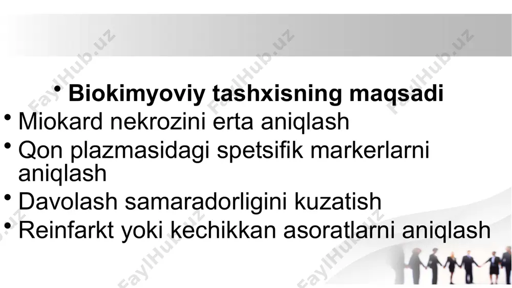 kligi (jigar va mushak kasalliklarida ham oshadi) sababli hozir kamroq ishlatiladi. troponinlar va ck-mb hozirgi zamonaviy tibbiyotda ast o‘rnini bosgan. qo‘shimcha eslatma: agar bemorda gipertoniya, jigar shikastlanishi yoki gepatit mavjud bo‘lsa, ast oshgan bo‘lishi mumkin va mi bilan aralashmaslik uchun ehtiyot bo‘lish kerak. kombinatsiyalangan yondashuv faqat bitta markerga tayanmaslik kerak troponin + ck-mb + myoglobin kombinatsiyasi: erta, o‘rta va kech bosqichlarni qamrab oladi har bir marker har xil vaqt oynasida maksimal samara beradi xulosa biokimyoviy markerlar mi tashxisida hal qiluvchi ahamiyatga ega troponinlar — asosiy va eng muhim marker har bir markerning vaqtga bog‘liq dinamikasini bilish — klinik qarorlar uchun muhim kombinatsiyalangan tahlil strategiyasi aniqlikni oshiradi foydalanilgann adabiyotlar usmle first aid 2024, cardiology section harrison’s principles of internal medicine, chapter on acute coronary syndromes european society of cardiology (esc) guidelines, 2023 american heart association (aha) — biochemical markers update https://chatgpt.com/ image1.jpeg image2.png image3.png image4.png /docprops/thumbnail.jpeg