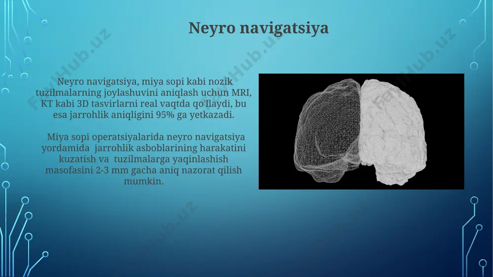 ktrofiziologik monitoring miya sopi operatsiyalari paytida 10 dan ortiq nerv tolalarining funksiyasini real vaqtda kuzatish imkonini beradi. somatosensor chaqiriqlarga javob sifatida potensiallarni o'lchash orqali, miya sopi shikastlanishining darajasini aniqlash mumkin. qon ketishni nazorat qilish miya sopi operatsiyalari paytida nafas olishni nazorat qilish uchun 10 dan ortiq neyroxirurgik monitoring vositalaridan foydalaniladi, bu bemorning hayotini saqlab qolish uchun juda muhimdir. qon ketishining miqdori va tezligini aniqlash uchun ko'p kanalli spektral dopler va neyrovizualizatsiya texnologiyalari qo'llaniladi, bu 30% gacha aniqlikni oshiradi. postoperatsion davr postoperatsion davrda bemorning nafas olish funksiyasi, yurak urishi va qon bosimi 24 soat davomida doimiy monitoring qilinadi, bu esa 1-2% hollarda kuzatiladigan asoratlarni aniqlashga yordam beradi. postoperatsion davrda og'riqni boshqarish uchun analjeziklar, masalan, opioidlar va nsaidlar qo'llaniladi, bu esa bemorning og'riq darajasini 3-4 ballgacha kamaytirishga yordam beradi (0-10 ball shkalasi bo'yicha). jarrohlik usullari orqa miya va miya sopi operatsiyalari 5-7 soatgacha davom etishi mumkin va bemorning yoshi, kasallikning murakkabligi va …