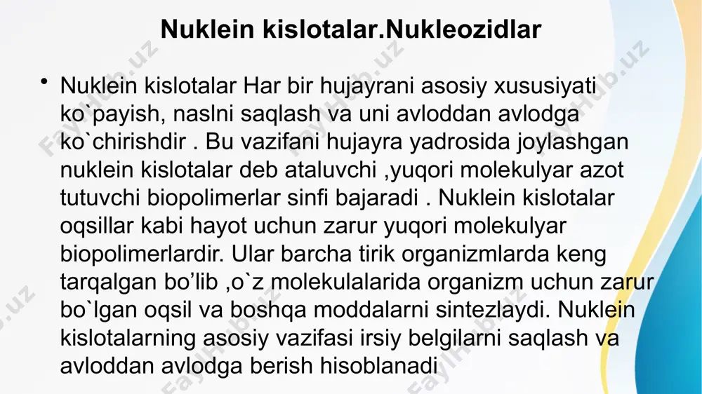 za yoki dezoksiriboza uglevodi boʻlgan glikozidlar. n. nukleotidlarning nukleotidaza fermenti bilan parchalanishidan kelib chiqadi. barcha tirik organizmlardagi nuklein kislotalar va nukleotidlar tarkibida boʻladi. n.ning nomi uning molekulasiga kiradigan asosga karab, mas, adenin boʻlsa, adenozin, guanin boʻlsa, guanozin va h.k. deb ataladi nukleozidlar odatda nuklein kislotalarning kimyoviy yoki fermentativ parchalanishi natijasida olinadi. 1891-1911 yillarda aniqlangan bir nechta tabiiy nukleozidlarning tuzilmalari tafsilotlari shakar va azotli birikmalarning identifikatorlarini, shakar molekulalaridagi atomlar halqasining o'lchamini va ikkala komponent o'rtasidagi bog'lanish nuqtasini o'z ichiga oladi. adenozin va guanozinning kimyoviy sintezlari 1948 yilda tasvirlangan; o'sha paytdan boshlab nukleozidlar sintezi va ularning nuklein kislotalarga birlashishida tez sur'atlar bilan rivojlandi. puromitsin va boshqa ba'zi antibiotiklar mog'or yoki zamburug'lar tomonidan ishlab chiqarilgan nukleozidlardir. 1891- yilda nemis olimi kossel bu moddalarni gidroliz qilib, ular 3 xil komponentdan purin hamda pirimidin qatoriga kiradigan geterosiklik azotli asoslar, uglevod va fosfat kislotadan tashkil topganini aniqladi. shuningdek u nuklein kislotalarning 2 tipi mavjud ekanligini ko’rsatdi. …