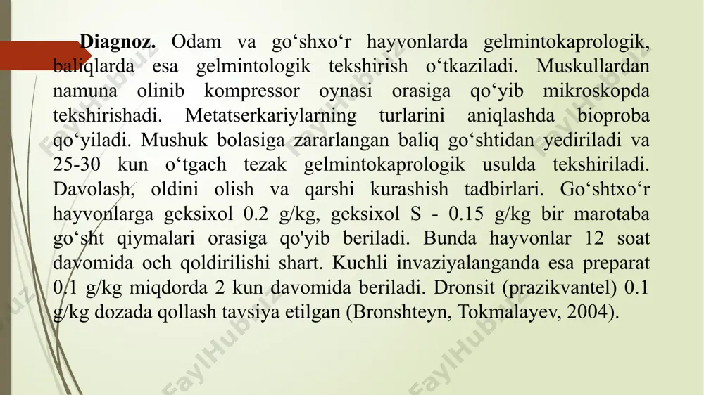ni iste’mol qiladi). sestodalar odam organizmida 25 yilgacha parazitiik qilishi mumkin, biroq bu muddat tulki organizmida bir necha oyni tashkil qiladi. o'zidan ishlab chiqarilayotgan zahar markaziy nerv sistemasiga ta’sir qilishi oqibatida tez jahli chiqadi, qorinda og‘riq seziladi, defekatsiya akti buziladi, b12 vitamini miqdori kamayadi. davolash, oldini olish va qarshi kurashish. odam va hayvonlarda gelmintsizlantirish uchun fenasal yoki prazikvantel preparatlari qo‘llaniladi. baliqlarda davolash usuli ishlab chiqilmagan. difillobotrioz bo‘yicha nosog'lom xo‘jaliklardan ovlangan baliqlarni xom yoki yaxshi pishirilmasdan turib hayvonlai'ga yedirmaslik kerak. ёqishda baliqlarni iste’molga chiqarishdan oldin ularni muzlatish kerak. xom baliqlarni 14 kun davomida tuzlash tavsiya etiladi. dioktofimoz - karpsimon baliqlarning gelmintozi bo‘lib, uni dioctophymidae oilasiga mansub dioctophyma renale nematodasi chaqiradi. voyaga yetgan nematoda definitiv xo‘jayinning (etxo‘r hayvonlar) buyragida, siydik pufagida, siydik chiqaruvchi kanallarda, qorin va ko‘krak bo‘shliqlarida, ba’zan yurakda joylashadi. nematodalar ayrim vaqtlarda odamlar, cho‘chqalar, otlar va yirik 185 shoxli hayvonlarda parazitlik qilishi mumkin. hamma joyda keng tarqalgan (safarova va b., …