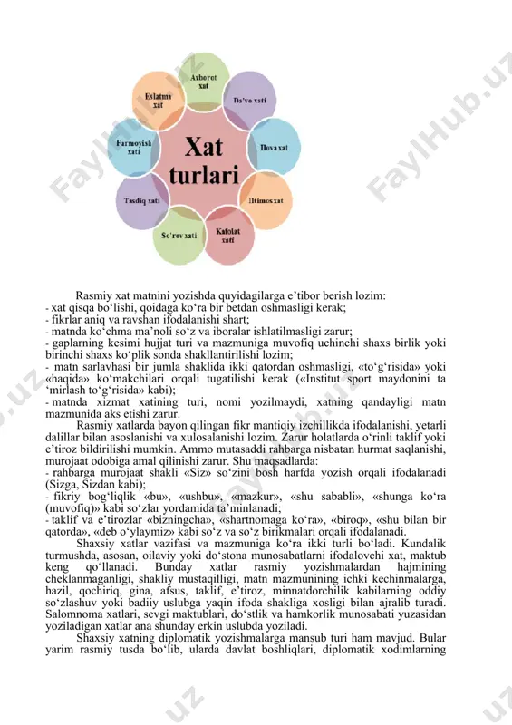 maydi, xatning qandayligi matn mazmunida aks etishi zarur. rasmiy xatlarda bayon qilingan fikr mantiqiy izchillikda ifodalanishi, yetarli dalillar bilan asoslanishi va xulosalanishi lozim. zarur holatlarda o‘rinli taklif yoki e’tiroz bildirilishi mumkin. ammo mutasaddi rahbarga nisbatan hurmat saqlanishi, murojaat odobiga amal qilinishi zarur. shu maqsadlarda: · rahbarga murojaat shakli «siz» so‘zini bosh harfda yozish orqali ifodalanadi (sizga, sizdan kabi); · fikriy bog‘liqlik «bu», «ushbu», «mazkur», «shu sababli», «shunga ko‘ra (muvofiq)» kabi so‘zlar yordamida ta’minlanadi; · taklif va e’tirozlar «bizningcha», «shartnomaga ko‘ra», «biroq», «shu bilan bir qatorda», «deb o‘ylaymiz» kabi so‘z va so‘z birikmalari orqali ifodalanadi. shaxsiy xatlar vazifasi va mazmuniga ko‘ra ikki turli bo‘ladi. kundalik turmushda, asosan, oilaviy yoki do‘stona munosabatlarni ifodalovchi xat, maktub keng qo‘llanadi. bunday xatlar rasmiy yozishmalardan hajmining cheklanmaganligi, shakliy mustaqilligi, matn mazmunining ichki kechinmalarga, hazil, qochiriq, gina, afsus, taklif, e’tiroz, minnatdorchilik kabilarning oddiy so‘zlashuv yoki badiiy uslubga yaqin ifoda shakliga xosligi bilan ajralib turadi. salomnoma xatlari, sevgi …