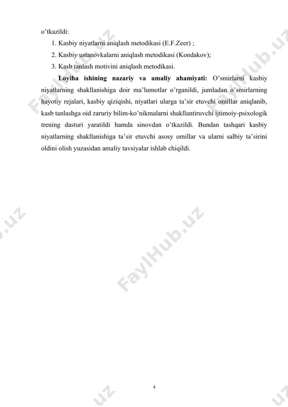 gogik tajriba, matematik-statistik tahlil, tajriba ishlari natijalarini ishlab chiqish va umumlashtirish kabi metodlardan foydalanildi. shuningdek, tadqiqotninng asosiy metodikalari sifatida quyidagilar tanlab olinib, obyekt sifatida tanlab olingan shaxslar bilan o’tkazildi: 1. kasbiy niyatlarni aniqlash metodikasi (e.f.zeer) ; 2. kasbiy ustanovkalarni aniqlash metodikasi (kondakov); 3. kasb tanlash motivini aniqlash metodikasi. loyiha ishining nazariy va amaliy ahamiyati: o’smirlarni kasbiy niyatlarning shakllanishiga doir ma’lumotlar o’rganildi, jumladan o’smirlarning hayotiy rejalari, kasbiy qiziqishi, niyatlari ularga ta’sir etuvchi omillar aniqlanib, kasb tanlashga oid zaruriy bilim-ko’nikmalarni shakllantiruvchi ijtimoiy-psixologik trening dasturi yaratildi hamda sinovdan o’tkazildi. bundan tashqari kasbiy niyatlarning shakllanishiga ta’sir etuvchi asosy omillar va ularni salbiy ta’sirini oldini olish yuzasidan amaliy tavsiyalar ishlab chiqildi. asosiy qism. xulosa fan psixologiya tizimida psixologik jarayonlarni eksperimental o’rganish kasbiy niyatlarning shakllanishi va ularning shaxs faoliyatidagi o’rni bugungi kunning dolzarb masalalaridan ekanligi taqdimot jarayonida yana bir bor o’z isbotini topdi. kasbiy niyatlar va ular asosida o’quvchilarning kasbiy qiziqishlari, bilimlarning rivojlanishi, kasbiy ko’nikmalarning shakllanishi …
