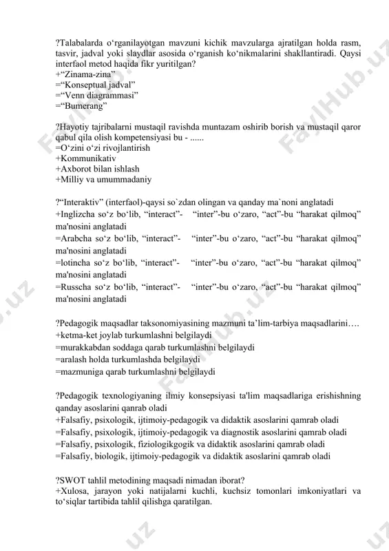 o‘rganilgan bilimlarni tanish vaziyatlarda qo‘llay olish =o‘rganilgan bilim va shakllangan ko‘nikmalarni notanish vaziyatlarda qo‘llay olish va yangi bilimlar hosil qilish ? pedagogik texnologiyalar sohasidagi tadqiqotlarning rivojlanishiga hissa qo‘shgan olim bu? + v.p. bespalko = i.p.pidkasistym = v.a slastenin = g. lozanov ?bu texnologiya murakkab, ko`p tarmoqli va muammoli mavzularni o`rganishga qaratilgan. bu qaysi texnologiya =guruhlash texnologiyasi =muammo texnologiyasi +rezyume texnologiyasi = jamoa texnologiyasi ?b.blumning 1956 yilda chop etilgan “taksonomiya” kitobida o‘qitish maqsadlarining qaysi sohasi ifodalangan? +kognitiv (bilishga oid) sohasi ifodalangan =affektiv (hissiyotli) sohasi ifodalangan =rivojlantiruvchi sohasi ifodalangan =o‘zlashtirish sohasi ifodalangan ?ta`limda innovatsiyalarni nechta guruhga bo`lish mumkin +4 =5 =7 =2 ?innovatsion loyiha bu - ……. +innovatsion biznes =loyiha =ta`lim berish =malaka oshirish ?innovatsiya iborasiga qaysa qatorda to`g`ri ta`rif berilgan +yangilik kiritish =fikr almashish =qo`shimchalar kiritish =qayta ishlash ?xususiy metodik texnologiyalar nimani ifoda etadi? +bir fan doirasidagi ta’lim jarayonini ifodalaydi =bir necha fan doirasidagi ta’lim jarayonini ifodalaydi =mavzu bo‘yicha o‘qitish jarayonini …