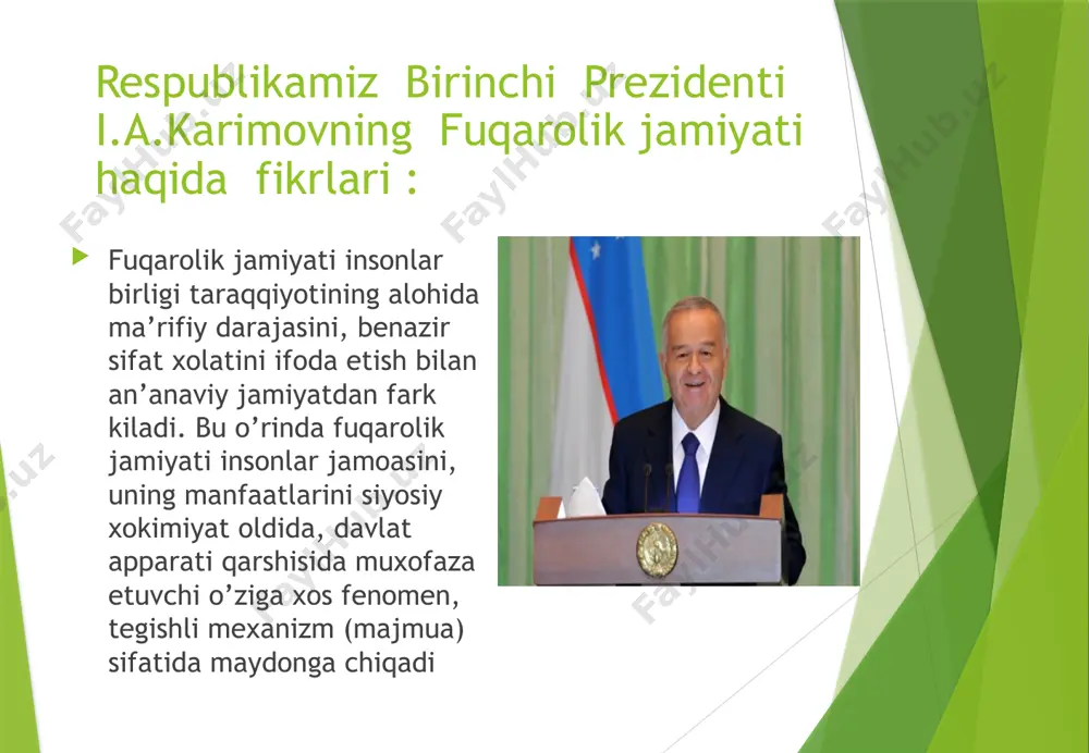 kilib olishga boglik bo’ladi. fuqarolik jamiyatida erkinlik, qonun oldida barchaning tengligi, ijtimoiy adolatning ta’minlanishi xamma fuqarolar ijodiy saloxiyat va istedodining bevosita ruyobga chiqarilishiga imkoniyat yaratiladi. fuqarolik jamiyati huquq va adolat mezonlari bilan ulchanadi. huquq jamiyatning o’ziga xos «gumanistik imperativi» (insonparvarlik talabi), ya’ni insoniy-axlokiy koidasi, ma’naviy mayogi bo’lib xisoblanadi. fuqarolarning o’zaro huquqiy munosabatidagi mavqyei quyidagi prinsiplar asosida belgilanadi: jamiyatning har bir a’zosi inson sifatida erkin va ozod bo’lishi; har bir fuqaroning boshqa fuqaro bilan tengligi; jamiyat har bir a’zosining fuqaro maqomidagi ustunligi. o’zbekiston mustaqillikni kulga kiritgach, suveren davlatchilikni shakllantirishda madaniyatimiz sarchashmalariga, te’ran va ulqan ma’naviy merosimizga murojat kilish, bokiy tarixiy utmishimizda mavjud bo’lgan barcha ezguliklarni yuzaga chiqarib rivojlantirish borasida bekiyos imkoniyatlar ochildi. o’tmish ajdodlarimizning ma’daniy va ma’naviy boyligi chukur mushoxada etilib, ongimizga singdirilmokda, shu orqali biz barpo etayotgan yangi fuqarolik jamiyati manfaatlariga xizmat kilmokda. fuqarolik jamiyati yuqori ma’naviy saviya va adolat me’zonlari asosida quriladi biz shunchaki demokratik jamiyat emas, balki odil …
