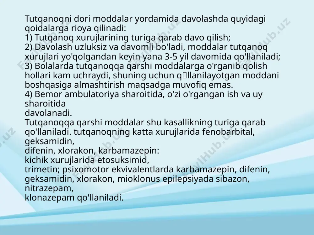 ortical yo’l; 2. mezoliombik; 3.nigrastrial; 4.tuberoinfundibukar yo’l. bu kasalikda nigrastrial yo’ldagi dofaminergik neyronlar degeneratsiyaga uchraydi. dofaminergik neyron xolinergik neyrondagi va glutamatergik neyrondagi d2 retseptorlari orqali ax va gamk ishlab chiqilishini bloklaydi. dofaminergik neyron degeneratsiyasi tufayli xolinergik neyrondan ach va glutamargik neyrondan gamk ko’p miqdorda ishlab chiqiladi. ach retseptorlarga ta’sir ko’rsatishi natijasida-tremor, rigidlik; gamk tufayli esa bradikineziya yuzaga keladi. dofamin organizmda prekursori levodopadan dofa dekarboksilaza orqali periferiyada va mns da ishlab chiqariladi. parkinsonizm kasalligida qoʻllaniladigan dorilar: tolkapon- komt ingibatori,inkativ dopac ka aylanishini kamaytiradi bromokriptin, ropinirol, pramikserol, dofaminergik retaeptor agonistlari amantidin- dofamin ajralishini oshiradi, dofamin qayta oʻzlashtirilishini ingibirlaydi, nmda blokatori sifatida ishlatiladi. - levodopa-. og'izdan yuborilgan levodopaning ko'p miqdori jigar, ichak, buyrak to'qimalarida ham dekarboksillanib, dofaminga aylanadi, ushbu dofamin esa gematoensefalik to'siqdan o'tolmaydi. levodopaning shu to'qimalarda dofaminga aylanishini sekinlashtirish uchun dofa ni dofaminga aylantiradigan dofamindekarboksilaza fermentining ingibitorlari - karbidopa, benserazid moddalari bilan birga qo'llaniladi, ingibitorlar bilan birga tayyorlangan tabletkalar nakom (levodopa+karbidopa), madopar …