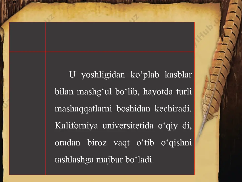 i qolgan yerni bir-bir ko‘zdan kechirib chiqdi. u butun og‘irligini bir oyog‘iga solib turib, soatini oldi, soat to‘rt edi. so‘nggi ikki hafta ichida u hisobni yo‘qotib qo‘ydi: iyulning oxiri yoki avgustning boshlari bo‘lganligi sababli quyosh shimoli-g‘arbda bo‘lishi kerak edi. u janub tomonga qaradi. mana shu ko‘rimsiz tepalik orqasida, allaqayerdadir, katta ayiq ko‘li bor, xuddi o‘sha tomonda kanada sahrosidan mudhish shimoliy qutb doirasi o‘tadi, deb o‘ylab qo‘ydi.