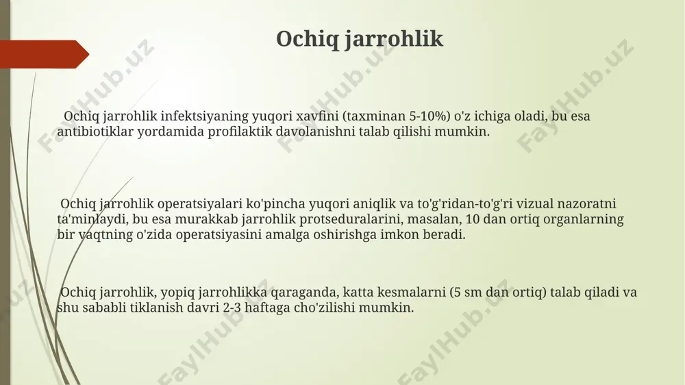 a va artroskopiya kabi turli xil endoskopik texnikalarni o'z ichiga oladi, bu esa jarrohga tananing ichki tuzilmalarini yuqori aniqlikda ko'rish imkonini beradi. minimal invaziv jarrohlik, an'anaviy usullar bilan solishtirganda, bemorlarning shifoxonada yotish muddatini 3-5 kun qisqartirishi mumkin, bu esa tezroq tiklanish va kamroq xarajatlarni ta'minlaydi. ushbu jarrohlik turi 1-2 sm dan kichik kesmalar orqali amalga oshiriladi va shu sababli qon ketish kam bo'ladi, infektsiyalar xavfi pasayadi va kosmetik natijalar yaxshiroq bo'ladi. davolash usullarini belgilovchi klinik atamalar "rekonstruksiv jarrohlik" sohasi 5 ta asosiy usulni o'z ichiga oladi va bu usullar ko'pincha murakkab anatomik tuzilmalarni tiklashda qo'llaniladi, masalan, plastik jarrohlik. "konservativ davolash" atamasi 10 ga yaqin turli xil terapiya usullarini, jumladan, dori-darmonlarni qo'llash, fizioterapiya va boshqa nojarrohlik usullarini o'z ichiga oladi. "davolash usullarini belgilovchi klinik atamalar" orasida jarrohlik amaliyotlarini ifodalovchi 30 dan ortiq turli xil atamalar mavjud bo'lib, ularning har biri aniq jarrohlik texnikasini va maqsadini bildiradi. endoskopik jarrohlik endoskopik jarrohlik laparoskopik …