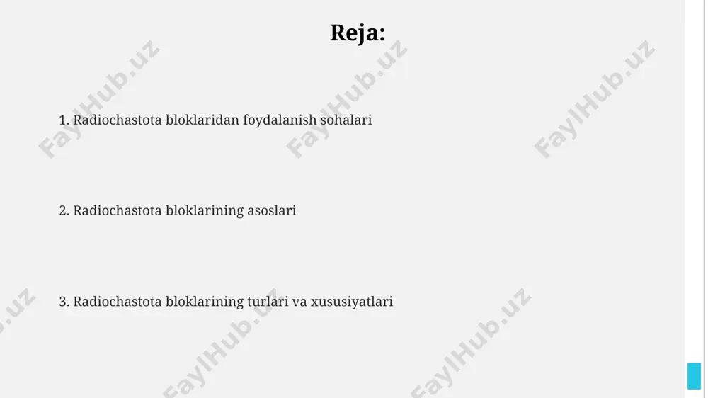 ilovalari rf bloklari telekommunikatsiyada keng qo'llaniladi, jumladan 4g va 5g mobil aloqa tizimlarida, bu yerda signalni qabul qilish, kuchaytirish va uzatish uchun zarur komponent hisoblanadi. ular 6 ghz dan yuqori chastotalarda ishlaydi. radiofrequency block applications rf bloklarining ilovalari kelajakdagi tendensiyalar va rivojlanishlar millimetrli to'lqin (mmwave) texnologiyasi 5g dan keyingi tezlikni oshiradi. 100 gigagertsli diapazonda ishlash potentsiali 10 gbit/s dan ortiq ma'lumot uzatishni ta'minlaydi va kechikishni sezilarli darajada kamaytiradi. integratsiyalashgan algoritmik optimallashtirish (iao) texnikasi o'rnatilgan tizimlarda energiya sarfini kamaytirish imkonini beradi. 2025 yilga kelib rf bloklarining energiya samaradorligi taxminan 15-25 foizga yaxshilanishi kutilmoqda. kelajakdagi tendensiyalar va rivojlanishlar radiochastota bloklarining asoslari rf bloklari transmitterlar, qabul qilgichlar va aralashtirgichlar kabi asosiy komponentlardan iborat bo'lib, ular signalni kuchaytirish, filtrlash va chastotani o'zgartirish uchun ishlatiladi. optimal ishlash uchun impedans moslashuvi 50 ohm bo'lishi kerak. radiochastota bloklarining asoslari radiochastota (rf) bloklarining asosiy vazifasi 30 khz dan 300 ghz gacha bo'lgan radiochastota signallarini yaratish, qabul qilish va …