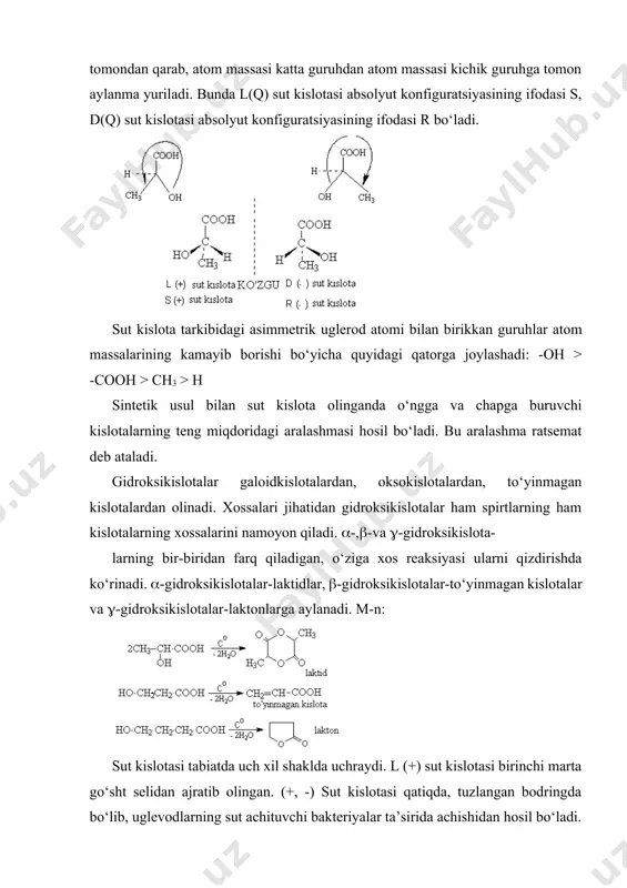 larini namoyon qiladi. -,-va -gidroksikislota- larning bir-biridan farq qiladigan, o‘ziga xos reaksiyasi ularni qizdirishda ko‘rinadi. -gidroksikislotalar-laktidlar, -gidroksikislotalar-to‘yinmagan kislotalar va -gidroksikislotalar-laktonlarga aylanadi. m-n: sut kislotasi tabiatda uch xil shaklda uchraydi. l (+) sut kislotasi birinchi marta go‘sht selidan ajratib olingan. (+, -) sut kislotasi qatiqda, tuzlangan bodringda bo‘lib, uglevodlarning sut achituvchi bakteriyalar ta’sirida achishidan hosil bo‘ladi. sut kislotasi oziq-ovqat sanoatida, terilarni oshlashda va matolarni bo‘yashda ishlatiladi. olma kislotasi hooc-choh-ch2-cooh, vino kislotasi hooc-choh-choh-cooh lar ham muhim gidroksikislotalardir. olma kislotasi ham olmada, ryabinada, maxorkada bo‘ladi. vino kislotasi vinolarning achishi natijasida hosil bo‘ladi. uning kaliyli-natriyli tuzi nakc4h4o6 4h2o segnet tuzi nomi bilan kimyoviy analizda va radiotexnikada ishlatiladi. limon kislotasi limonda, maxorkada bo‘ladi, glyukozaning maxsus bakteriyalar ta’sirida achishidan hosil bo‘ladi. oziq-ovqat sanoatida keng ishlatiladi. oksokislotalar-tarkibida ham karbonil, ham karboksil guruh tutgan birikmalardir. agar karbonil guruh aldegid guruhi bo‘lsa aldegidokislotalar, karbonil guruh keton guruhi bo‘lsa ketokislotalar bo‘ladi. aldegid kislotalar: glioksil kislota, oksoetan kislota formilsirka kislota, 3-oksopropan …