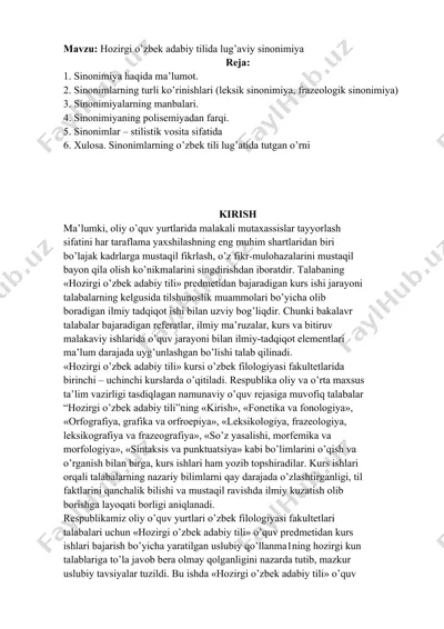 hozirgi o’zbek adabiy tilida lug’aviy sinonimiya — DOCX