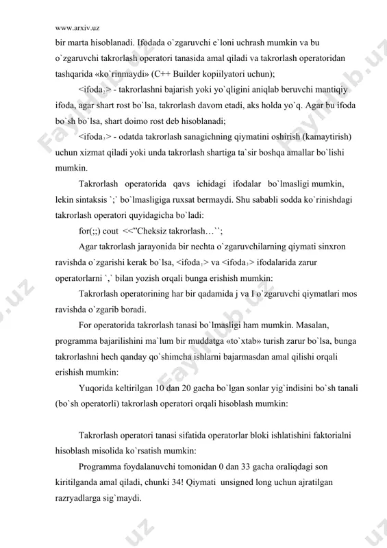 ogrammada berilgan o`nlik sonning ikkilik ko`rinishini chop qilish masalasini yechishda yechishda while operatorini qo`llash ko`rsatilgan. `programmada ichma-ich joylashgan takrorlash operatorlari ishlatilgan. birinchisi, sonning ikkilik ko`rinishini chop qilish jarayonini davom ettirish sharti bo`yicha amal qiladi. ichki joylashgan, ikkinchi takrorlash operatoridagi amallar har qanday, 0 dan 15 gacha bo`lgan sonlar to`rtta razryadli ikkilik son ko`rinishida bo`lishiga asoslangan. unda kiritilgan sonning ichki, ikkilik ko`rinishida uchinchi razryadida 0 yoki 1 turganligi aniqlanadi (``son10& 8``). shart natijasi natija 1 (rost) bo`lsa, ekranga `1`, aks holda `0` belgisi chop etiladi. keyingi qadamda son razryadlari chapga bittaga suriladi va yana uchinchi razryaddagi raqam chop etiladi. takrorlash sanagich qiymati 0 bo`lguncha davom etadi (to`rt marta) va boshqaruv ichki takrorlash operatoridan chiqadi. while takrorlash operatori yordamida samarali programma kodi yozishga bir misol bu – ikkita natural sonlarning eng katta umumiy bo`luvchisi (ekub) evklid algoritmi bilan topish masalasini ko`rishimiz mumkin: butun turdagi a va b qiymatlari oqimdan o`qilgandan keyin ular …