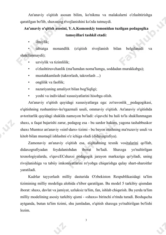 iy tarkibiy qismi - «shaxs» birinchi o'rinda turadi. boshqacha aytganda, butun ta'lim tizimi, shu jumladan, o'qitish shaxsga yo'naltirilgan bo'lishi lozim. shuning uchun zamonaviy texnologiyalarda pedagogik jarayon, o'qitishning shaxsga yo'naltirilgan texnologiyalari asosida amalga oshirilishi lozim. hayot dialektikasi shundan iboratki, doimo yangi avlod, oldingi avloddan ko'ra rivojlanganroq bo'ladi. ilmiy texnik taraqqiyotning 2 3.1.-rasm. o‘qitish texnologiyalarining blok-sxemasi o‘qitish avtoritar ommaviy o‘qitish pedagog – yagona subyekt, talabalar – pedagogik jarayon obyekti pedagog – boshliq, hakam talaba hali shakllanmagan shaxs o‘qitishning tushuntirish – ko‘rgazmali usuli zo‘ravonlik pedagogikasi tashabbus va mustaqillik so‘ndirilgan shaxsga yo‘naltirilgan ishbilarmonlik o‘yinlari muammoli o‘qitish tabaqalashtirilgan o‘qitish individuallashtirilgan o‘qitish dasturlashtirilgan o‘qitish kompyuterli o‘qitish modulli o‘qitish insonparvarlik, hamkorlik, shaxsni erkin tarbiyalash bilimlar, ko'nikmalar, malakalar o'rtacha o'zlashtiriladi, shaxs esa rivojlanmaydi. shaxs rivojlanishi, tabiiy qobiliyati darajasida o‘qitilganligi. an’anaviy o‘qitish x u s u s i y a t l a r i o‘qitish texnologiyasi x u s u s i ya t l a r i …