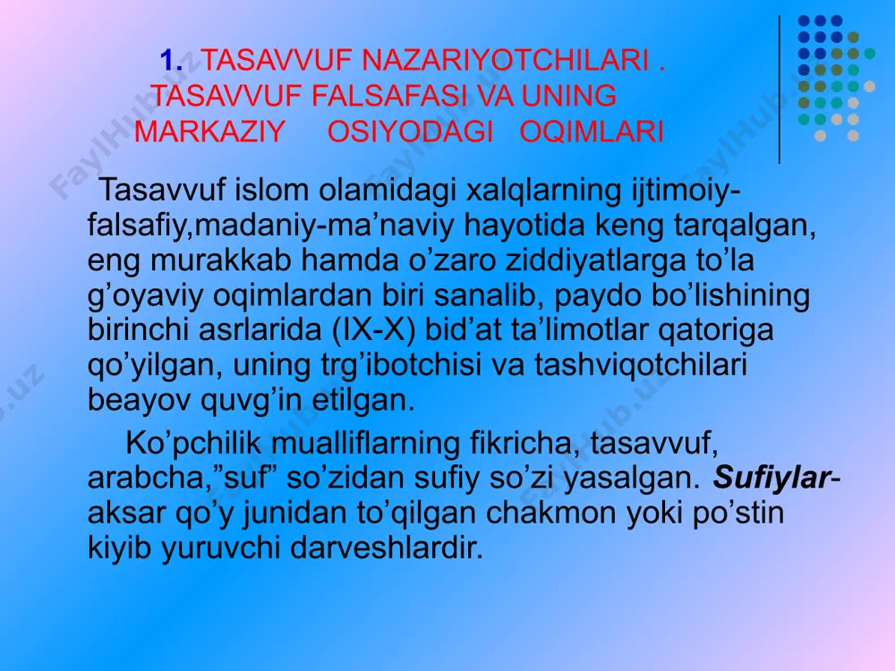 n va qalban ma’rifatga beriladi(ahmad yassaviy. “hikmatlar”). xudoga intiluvchilar orasida faqat shunday kishi uning joyini biladiki, u o’z pirining (ma’naviy ustoz)buyruqlariga bo’ysunadi, sabru qanoat qiladi, ozi bilan kifoyalanadi, o’zini azoblarga , qiyinchiliklarga mahkum etadi, ovqatni kam iste’mol qiladi.din va sufiylar aytgan ko’rsatmalarni bajarish, azob-uqubbat, ochlik, sabru-qanoat,muayyan voqeiy ehtiroslarga bo’lgan o’z istaklarini so’ndirish orqali inson “nafratli” dunyodan ozod bo’ladi va xudoga singib ketadi. 3. kubraviya najmiddin kubro (1145-1221) tasavvufning yirik nazariyotchisi va sufiylikning “kubraviya” tariqatinig asoschisi edi. u xivakda(xorazm)tug’olgan bo’lib, ruzbehon al-vazzon al-misriy, abu mansur xafda, bobo faraj botriziy,umar ibn yasir al- biblisiy va ismoil al-kasri kabi mashhur sufiylarning shogirdi edi. urganchda u xonaqoh va kubraviya birodarlik jamiyatini vujudga keltirdi.kubroning shogirdlari orasida mashhur tasavvuf nazariyotchilari chiqqanligi uchun, uni shayx valitarosh(“avliyolar yetkazuvchi ustoz”)deb ham atadilar.ular orasida najmiddin doya roziy (vafoti 1256), sadidin xamuya (vafoti 1252),sayfiddin boxarziy (vafoti 1261) va boshqalar bor edi. kubro bilishning tasavvufiy yo’liga asoslangan maktabini vujudga keltirdi. kubro fikricha, …