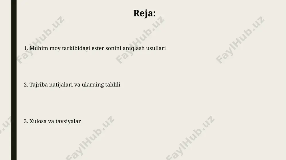 r moyi namunasi titrlanadi, so‘ngra sarflangan ishqor miqdori hisoblanadi va natijada 1 gramm moyga to‘g‘ri keladigan mg koh ga teng bo‘lgan ester soni aniqlanadi. gaz-suyuqlik xromatografiyasi (gsx) usuli efir moylaridagi individual esterlarni aniqlash va miqdorini aniqlash imkonini beradi, bu esa ester sonini hisoblash uchun aniq ma’lumot beradi. retain time va peak maydonlarini tahlil qilish orqali 20 dan ortiq turdagi esterlarni aniqlash mumkin. e'tiboringiz uchun rahmat @taqdimot_robot image1.jpg image2.jpg image3.jpg image4.jpg image5.jpg