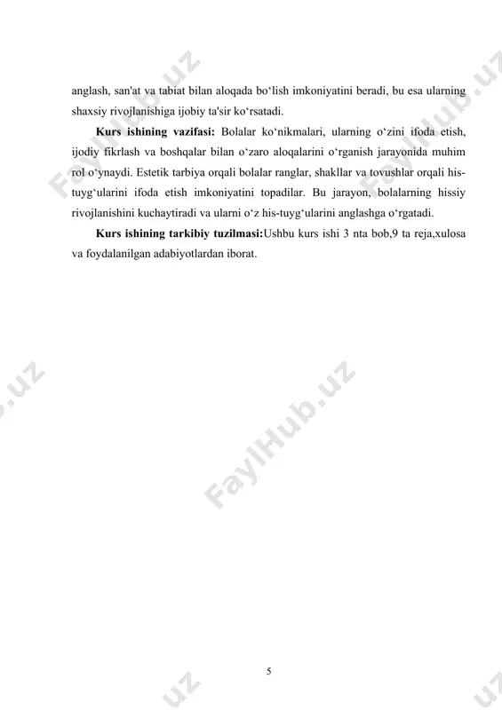 ruhiyatining rivojlanishi bilan bog‘liq. san'at va go‘zallik insonni tarbiyalash, uning fikrlash qobiliyatini kengaytirish va hissiyotlarini chuqurlashtirishda muhim rol o‘ynaydi. estetik qadr-qimmatlar, insonning hayotga, atrof-muhitga va o‘zidagi go‘zallikka bo‘lgan munosabatini belgilaydi. bu munosabat, o‘z navbatida, jamiyatda ijtimoiy va madaniy hayotning rivojlanishiga ta’sir qiladi.estetik tarbiyaning boshqaruv tizimida o‘rni katta. o‘zbekistonning ta'lim tizimida estetik tarbiyaning o‘rni va ahamiyati, yosh avlodni tarbiyalashda muhim ahamiyatga ega. ta'lim jarayonida san'at va madaniyatga oid darslar, tadbirlar va ko‘rgazmalar o‘tkazish orqali estetik tarbiya ta'minlanadi. bu esa o‘quvchilarning san'atga bo‘lgan qiziqishini oshiradi, ularni ijodkorlikka undaydi va o‘zlarini ifoda etish imkonini beradi.estetik tarbiyaning mazmuni, shuningdek, tabiat bilan aloqada bo‘lishni ham o‘z ichiga oladi. tabiat go‘zalligi, uning rang-barangligi va noan'anaviy ko‘rinishlari orqali inson estetik his-tuyg‘ularini rivojlantirish imkoniyatiga ega bo‘ladi. tabiat bilan aloqada bo‘lish, insonning ichki dunyosini boyitadi, uning hissiyoti va ruhiy holatini yaxshilaydi.estetik tarbiya orqali inson o‘zining ichki qiyofasini, ruhiyatini anglaydi va o‘zini ifoda etishga o‘rganadi. bu jarayon orqali odamlar o‘z …