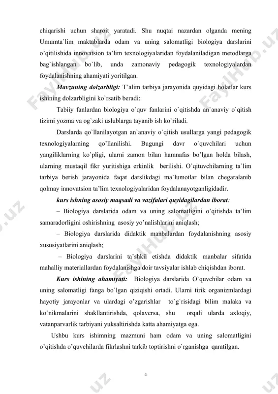 orligi – ta`lim-tarbiya jarayonini samarali tashkil etilishi va rivojlantirilishi jamiyatimizdagi ustuvor yo`nalish sanaladi. ta`limning ustuvorligi yuksak ma`naviyatli, bilimli va salohiyatli barkamol shaxsning shakllanishiga zamin yaratadi. 2. ta`limning demokratlashuvi – ta`lim va tarbiya uslublarini tanlashda, ta`lim-tarbiya jarayonini tashkil etish va boshqarishda ustoz va tahsil oluvchining hamkorligiga asoslanadi. 3. ta`limning insonparvarlashuvi – inson qobiliyatlarini to`liq ochilishi va bilim olishga bo`lgan ehtiyojlarning qondirilishi, milliy va umuminsoniy qadriyatlar ustuvorligining ta`minlanishi, inson, jamiyat va atrof-muhitning o`zaro munosabatlarini uyg`unlashtirishga asoslanadi. 4. ta`limning ijtimoiylashuvi – ta`lim oluvchilarda ongli intizom, insoniy qadr – qimmat tuyg`usi, yuksak ma`naviyat, ijtimoiy normalarga asoslangan xulq-atvor, estetik boy dunyoqarash, mantiqiy va ijodiy fikrlashni tarkib toptirish nazarda tutiladi. 5. ta`limning milliy yo`naltirilganligi – ta`limning milliy tariximiz, xalq an`analari va urf-odatlari bilan uzviy uyg`unligi, o`zbekiston xalqlarining madaniyatini saqlab qolish va boyitish, ta`limni milliy taraqqiyotning o`ta muhim omili sifatida e`tirof etish, boshqa xalqlarning tarixi va madaniyatini hurmatlashni ta`minlaydi. 6. ta`lim va tarbiyaning uzviy bog`liqligi har tomonlama …