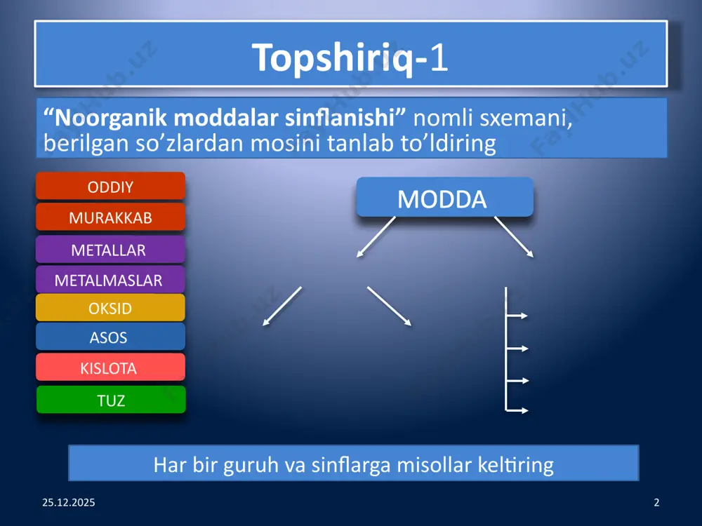 allarning genetik qatori bir xil metall elementidan hosl bo’lgan, turli sinf moddalarining o’zaro bog’lanishini aks ettiradi. 07.05.2022 10 metallarning genetik qatori 1 tur – metal ishqorga mos keladi 2 tur – metall erimaydigan asosga mos keladi metallarning genetik qatori 1 – tur metallarning genetik qatori, ishqor xossasiga mos keladi: metall → asosli oksid → ishqor → tuz 07.05.2022 11 masalan: ba → bao → ba(oh)2 → bacl2 2ba + o2 = 2bao bao + h2o = ba(oh)2 ba(oh)2 + 2hcl = bacl2 + 2h2o metallarning genetik qatori 2 tur – metallarning genetik qatorida, moddalar suvda erimaydigan asos xossasini namoyon qiladi: metall → asosli oksid → tuz → asos (s.e-may.) → asosli oksid → metall masalan : ruxning genetik qatori zn → zno → zncl2 → zn(oh)2 → zno → zn 07.05.2022 12 topshiriq : ikkala turga ham mos keladigan reaksiya tenglamalarini tuzing. metallmaslarning genetik qatori bir xil metallmas elementidan hosl …