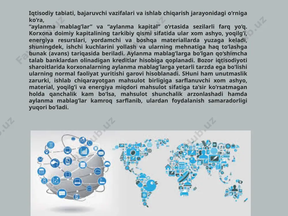 ormalariga bog’liq bo‘ladi. 3. aylanma mablag’laridan foydalanish ko‘rsatkichlari aylanma tuzilmalarni rejalashtirish va boshqarishning hozirgi paytdagi amaliyotida ushbu mablag’larning tarkibi va tuzilmasini baholash va tahlil qilishga, shuningdek, ularning funktsional roli va harakatiga katta ehtibor qaratiladi. aylanma ishlab chiqarish fondlari korxona aylanma mablag’larining eng faol qismi bo‘lsa, muomala fondlari ishlab chiqarish jarayonida bevosita ishtirok etmaydi hamda yangi iste’mol qiymatini yaratmaydi. bu yerda umumiy qoida shundayki, aylanma mablag’lar doimo aylanishda bo‘lishi zarur - ularning samaradorligi va korxona iqtisodiyotiga ta’siri aynan shunda ko‘zga tashlanadi. aylanma ishlab chiqarish fondlari korxona aylanma mablag’larining asosiy va salmoqli qismi sifatida o‘z tarkibiga quyidagilarni qamrab oladi: 1. ishlab chiqarish zahiralari – bu ishlab chiqarish jarayonida ishlab chiqarishga kiritish uchun tayyorlangan hamda xom ashyo, asosiy va yordamchi materiallar, yoqilg’i, harid qilinuvchi yarim tayyor mahsulotlar, butlovchi qismlar, qadoqlash va o‘rov materiallari, asosiy fondlarni ta’mirlash uchun ehtiyot qismlar, yoqilg’i-moylash materiallaridan tashkil topuvchi mehnat predmetlari; 2. tugallanmagan ishlab chiqarish va korxonada tayyorlangan yarim …
