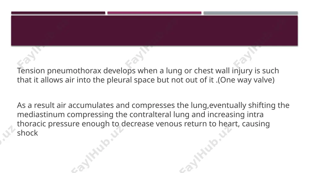 alis major horizontal line inferior to axilla anterior border of lattisimus dorsii 5th intercostal space chest tube drains available from size 12 f – 36 f large size tube are preferred in case of effusions can be placed with / without trocar underwater seal drain to allow air to escape through drain always be kept below the level of the patient never clamp – avoid tension pneumothorax complications cardiac shock, if the tube punctures an area of the heart excessive bleeding infection injuries to the heart, blood vessels, arteries, or lungs perforation (puncturing) of the diaphragm punctured lung management analgesics & antibiotics chest xray observations: report immediately chest drainage of >200mls of blood in a 1 to 2 hour time frame. continuous spo2 monitoring >96% observe air column movement in the chest tube assess and report any of the following sudden drop of sa 02 < 90% increased restlessness and …