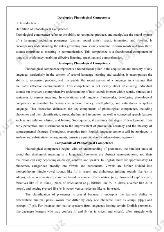 guments, ensuring a practical and evidence-based approach. components of phonological competence phonological competence begins with an understanding of phonemes, the smallest units of sound that distinguish meaning in a language. phonemes are abstract representations, and their realization can vary depending on dialect, context, and speaker. in english, there are approximately 44 phonemes, categorized broadly into vowels and consonants. vowels are further divided into monophthongs (single vowel sounds like /i:/ in «see») and diphthongs (gliding sounds like /eɪ/ in «day»), while consonants are classified based on manner of articulation (e.g., plosives like /p/ in «pat», fricatives like /f/ in «fan»), place of articulation (e.g., bilabial like /b/ in «bat», alveolar like /t/ in «top»), and voicing (voiced like /z/ in «zoo» versus voiceless like /s/ in «see»). the classification of phonemes is crucial because it underpins the learner's ability to differentiate minimal pairs—words that differ by only one phoneme, such as …