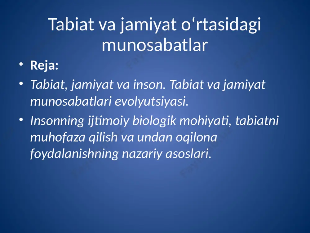 rida o‘zgarishi, jonli va jonsiz komponentlarga kuchli antropogen ta’sir ekologik muammolarni keltirib chiqardi. mahalliy, mintaqaviy va global ekologik muammolarni ajratish mumkin. ayrim yirik shahar, sanoat markazlari, alohida tumanlarda mahalliy, orolbo‘yi, chernobilda mintaqaviy ekologik tang vaziyatlar vujudga kelgan. ozon tuynuklari muammosi, kislotali yomg‘irlar, cho‘llashish, dunyo okeanining ifloslanishi va boshqalar umumsayyoraviy muammolar hisoblanadi. yer yuzida ekologik tang vaziyatli hududlarning keskin ko‘payishi global ekologik inqiroz havfining real ekanligi ko‘rsatadi. agar keyingi 30-40 yil ichida ekologik muammolarni hal etish uchun barcha zarur chora-tadbirlar ko‘rilmasa ekologik inqiroz muqarrardir. ekologiya deganda organizmlarning o‘zaro va muhit bilan aloqadorligini o‘rganadigan biologik fan tushuniladi. shuning bilan birga ekologiya deganda inson va organizmlarning yashash muhiti holati, organizmlar (shu jumladan inson) va muhit o‘rtasidagi o‘zaro ta’sir muammolarini o‘rgatishga alohida ilmiy yondashish (ekologik ) ham tushuniladi. tabiatni muhofaza qilish deganda hozirgi va kelgusi avlodlarning ehtiyojlarini hisobga olgan holda tabiiy boyliklardan oqilona foydalanish va atrof muhitni musaffo holiday saqlashga qaratilgan, ilmiy asosda amalgam …