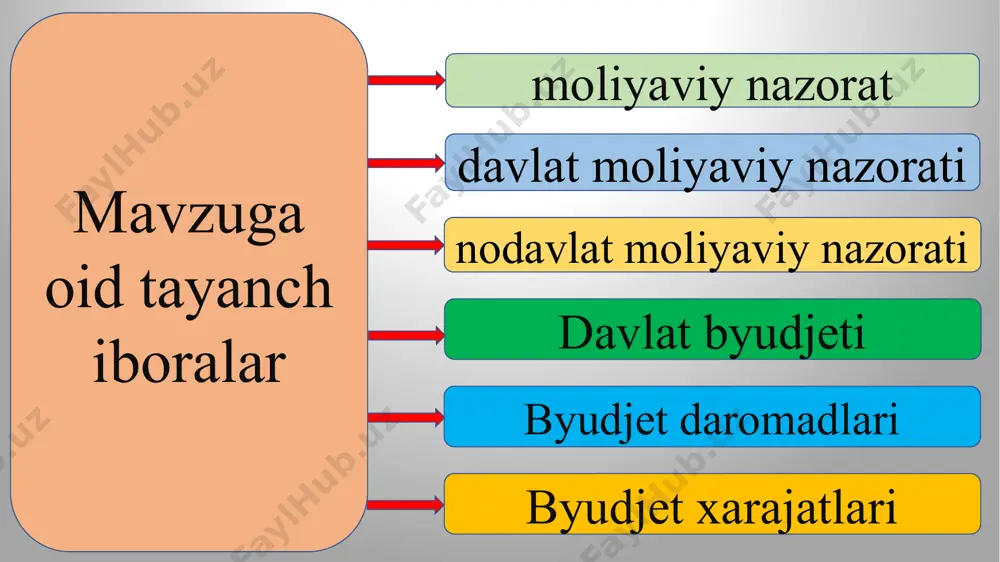 amalga oshiriladi. idoraviy moliyaviy nazorat vazirliklarning nazorat-taftish boshqarmalari va boshqa tarkibiy tuzilmalari tomonidan amalga oshirilib, shu idoraga bo‘ysunuvchi korxona, tashkilot va muassasalarning faoliyatini qamrab oladi. xo‘jalik ichidagi moliyaviy nazorat korxona va tashkilotlarning iqtisodiy va moliyaviy xizmatlari tomonidan o‘tkaziladi. jamoatchilik moliyaviy nazorati nodavlat tashkilotlari tomonidan amalga oshiriladi. mustaqil moliyaviy nazorat maxsus organlar: auditorlik firmalari va boshqa xizmatlar tomonidan o‘tkaziladi. dastlabki 1. joriy (operativ) 2. 3. o‘tkazilish vaqtiga ko’ra moliyaviy nazoratning shakllari: navbatdagi (kelgusi, so’nggi) nazoratning sub’eklari bo‘yicha moliyaviy nazoratning quyidagi shakllari bo‘lishi mumkin: ¤ prezident moliyaviy nazorati; ¤ hokimiyat qonunchilik organlari va mahalliy o‘z-o‘zini boshqarish organlarining moliyaviy nazorati; ¤ ijroiya hokimiyat organlari moliyaviy nazorati; ¤ moliya-kredit organlarining moliyaviy nazorati; ¤ firmaviy - ichki moliyaviy nazorat; ¤ auditorlik moliyaviy nazorati va boshqalar. davlat byudjeti bu davlat xarajatlari va ularni moliyaviy qoplash manbalarining yillik rejasidir. davlat budjeti – davlatning markazlashgan moliyaviy resurslar fondi. davlat budjetida moliyaviy yil davomidagi daromadlarning manbalari va tushumlarning hajmi …