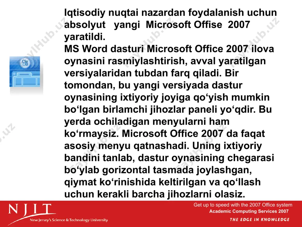hish va o‘lchamini o‘zgartirish tugmachasi joylashgan. o‘rtada – matn kiritish uchun maydon, pastki qismida – holat satri, ekranning o‘ng chegarasi yonida zarur paytda masalalar sohasi hosil bo‘ladi. get up to speed with the 2007 office system jadvallar yaratish va ular ustida ishlash academic computing services 2007 8 note: there’s a new file format in access, too, but it has some different characteristics. the presentation covers that in a bit. word 2007da jadvallar bilan ishlaydigan qulay asboblar keltirilgan. ma’lumki, bu matn muharririda yaratilgan jadval, qator va ustunlardan iborat, ularning kesishgan joyida yacheyka hosil bo‘ladi. jadval qo‘yish.jadvalni yaratish uchun “vstavka” bandining “tablitsa” bandi mo‘ljallangan. bu tugma bosilganda, yuqori qismi kvadratlardan iborat menyu hosil bo‘ladi. bu menyuda yaratilayotgan jadvalning kerakli qator va ustunlar sonini belgilash mumkin. get up to speed with the 2007 office system academic computing services 2007 9 word 2007 matn muharririning juda foydali jihozlari - matnni taqrizlash va tahrir qilish …