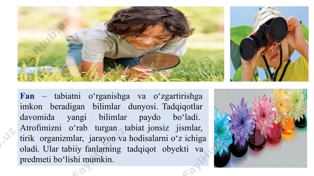 unda konkret fakt, voqea, jarayon harakatlar haqida gapirib beriladi. hikoya shohid (sayyoh, yosh tabiatshunos, sayyohatchi, kashfiyotlar ishtirokchisi) nomidan olib boriladi. ta'riflash -borliq jismlar va hodisalarning (foydali qazilmalar, o'simliklar, hayvonot dunyosi, biror tabiiy zona iqlimi xususiyatlarini) izchil bayon qilishda qo'llaniladi. xarakterlash -ta'riflashning bir turidir, u jism yoki hodisaning belgi va xususiyatlarini sanab o'tishdan iborat (tog', daryo va tabiiy zonalar harakteristikasi). tushuntirish -unda yangi tushunchalar, atamalar, ma'nosi ochib beriladi, sabab, oqibat bog'lanishi, u yoki bu narsaning mantiqiy tabiati ( nima uchun tundrada o'zun tun va qisqa kun bo'ladi, nima uchun kun va tun, yil fasllari almashib turadi) ochib beriladi. undan barcha darslarda foydalaniladi, u muhokama qilish bilan uyg'unlashadi. 3muhokama qilish -bayon qilish asosida bo'lib, unda o'quvchilarni xulosaga olib keluvchi qoida va isbotlarning izchil rivojlanishi bilan bog'liq. hikoyaning bu turida o'rganilayotgan hodisani (masalan, tirik mavjudodning o'zgarishiga iqlimning ta'siri, suv, metallning xususiyatlari) tahlil qilish zarurati tug'ilganda foydalaniladi. hikoyaga quyidagi didaktik talablar qo'yiladi: tanlangan o'quv …