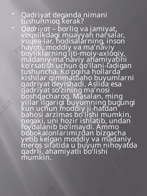 an’analari mushtarak bo‘lgan xalqlar manfaatiga xizmat qiladigan tabiiy va ijtimoiy hodisalar majmuasini tashkil etadi. umuminsoniy qadriyatlar – odamzod uchun, kishilik jamiyati uchun eng qadrli bo‘lgan narsalar, hodisalar, faoliyat va boshqalarning umum-ijtimoiy qadrini, ahamiyatini ifodalash maqsadida qo‘llaniladigan tushun-chadir. umuminsoniy qadriyatlar kategoriyasining mazmunini to‘liq anglab etish uchun, avvalo, umuminsoniylik tushunchasining ma’nosini bilmoq zarur. umuminsoniylik deganda odamlar uchun umumiy bo‘lgan mezon-lar, obyektiv va subyektiv holatlar, xususiyatlar, shart-sharoitlar va boshqa-lar tushuniladi. umuminsoniy qadriyatlar deganda, umumjamiyat, butun insoniyat uchun muhim ahamiyatga ega bo‘lgan, insoniyatning mavjudligi, o‘tmi-shi, buguni va kelajagini, yashashning asosiy yo‘nalishlari, qonun-qoi-dalari, talab va tartibotlarini, odamlarning eng azaliy orzu-umidlari va g’oyalarini o‘zida aks ettiradigan qadriyatlar nazarda tutiladi. butun in-soniyat uchun umumiy foydalanish imkonini beradigan universal texno-logiyalar, ishlab chiqarish, boshqarishni tashkil etish, kosmonavtika, ki-bernetika, axborot texnologiyalari umuminsoniy qadriyatlar jumlasiga kiradi. umuminsoniy qadriyatlarga madaniyat, ma’naviyat, fan, din, san’at, huquq, siyosat, ijtimoiy ong shakllari bilan bog‘liq yutuqlar, kashfiyot-lar, yaratilgan boyliklar, ma’naviy kamolotning yo‘nalishlari, vositalari kiradi. inson, uning …
