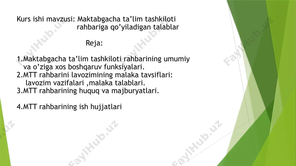 hlari; *vazirlar mahkamasining qarori va farmoyishlari hamda ta’limga oid boshqa amaldagi huquqiy-me’yoriyhujjatlar *maktabgacha va makatb ta’lim vazirligi hamda uning hududiy boshqaruv organlari; * tashkilotni nizom (ustav)ga muvofiq faoliyatni tashkil etish ; *tashkilot joylashgan hududda maktabgacha ta’lim tizimini yanada takomillashtirish,tashkilotning moddiy- texnik ba’zasini mustahkamlash,o’quv –metodik faoliyatini samarali tashkil etish; *tashkilotni yuqori kompetentlik,mahoratli va malakali mutaxassis kadrlar bilan ta’minlash; *maktabgacha ta’lim sohasiga oid normativ-hujjatlarni amalyotga to’laqonli tadbiq etish; * tashkilot faoliyatini rejalashtirish, yillik va istiqbol ish rejalarini ishlab chiqish *tashkilotning ish rejalari, o’quv – mavzu rejalari, yillik taqvim o’quvdasturlarini tasdiqlash; *tashkilot pedagog va mutaxassislarning ish rejalarini ko’rib chiqish va tasdiqlash,ularni to’laqonli va sifatli ijro etilishi ustidan nazorat olib boorish ; *tashkilotni rivojlantirish yuzasidan istiqbol yo’nalishlarni belgilash bo’yicha buyruqlar qabul qilish ularni tuman( shahar) maktabgacha ta’lim bo’limining ish rejasi bilan muvofiqlashtirish kabilarni o’z ichiga oladi mtt rahbarining ish hujjatlari quyidagilar hisoblanadi: *03-01 mtt rahbarining shaxsiy ish rejasi. * 03-02 mtt xodimlarining ish vaqti …