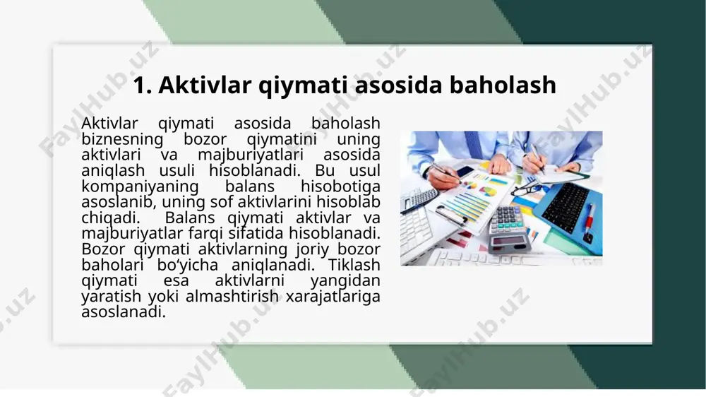 lari, holati va boshqa o'xshash parametrlar hisobga olinadi. shuningdek, bozorning umumiy holati, talab va taklif o'zgarishlari, iqtisodiy omillar ham mulkning qiymatiga ta'sir ko'rsatishi mumkin. bozor taqqoslash usulida mulkning qiymati aniq bozor sharoitlarini hisobga olib belgilanishi mumkin, bu esa baholash jarayonini tez va samarali qiladi. lekin, bu usul ba'zida o'ziga xos xususiyatlarni yoki maxsus sharoitlarni hisobga olishda cheklovlarga ega bo'lishi mumkin. etiboringiz uchun rahmat! image1.png image2.jpeg image3.jpeg image4.jpeg /docprops/thumbnail.jpeg